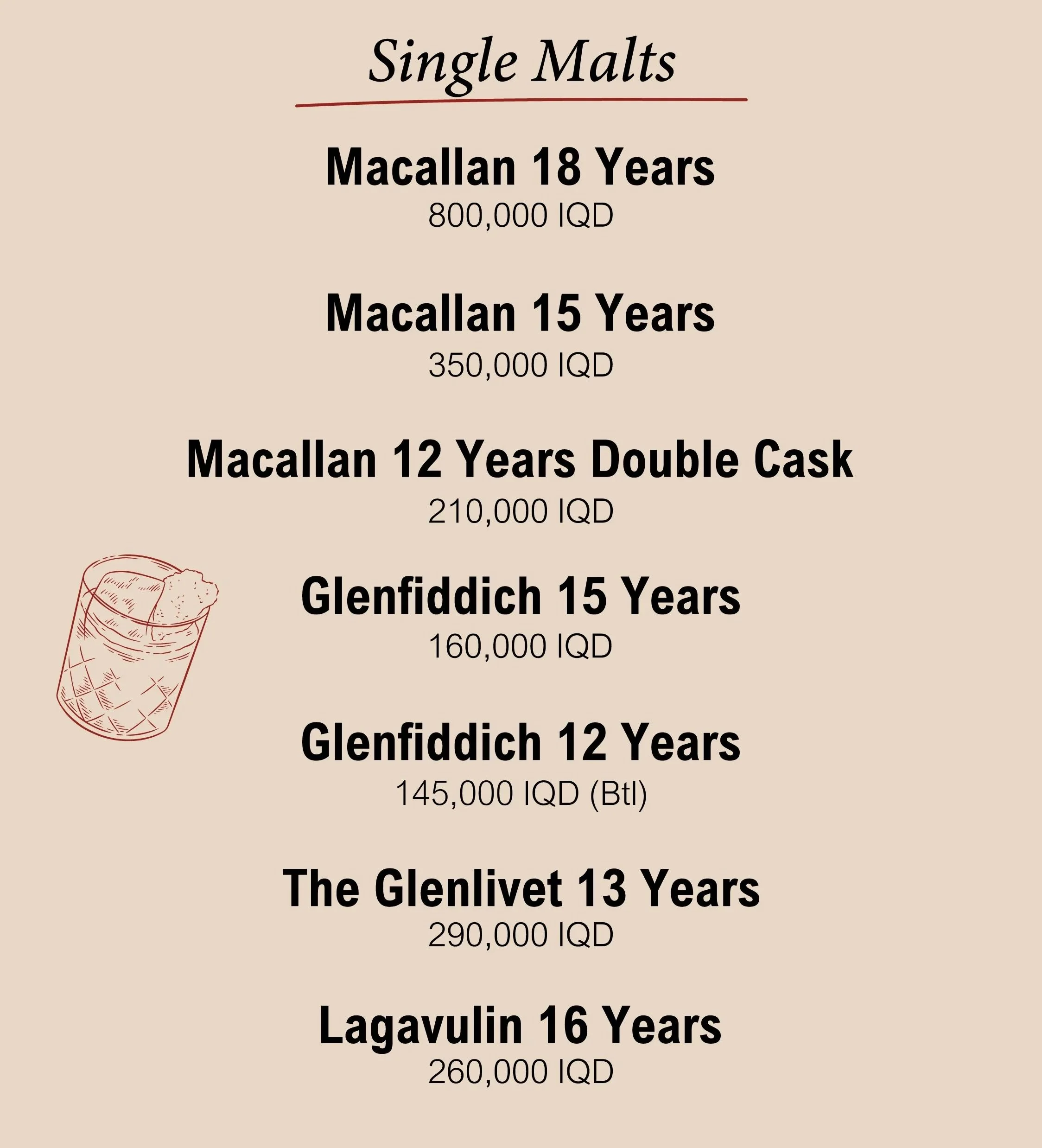 A list of single malt whiskey brands, their ages, and prices in Iraqi dinar, with a partially visible illustration of a whiskey glass.