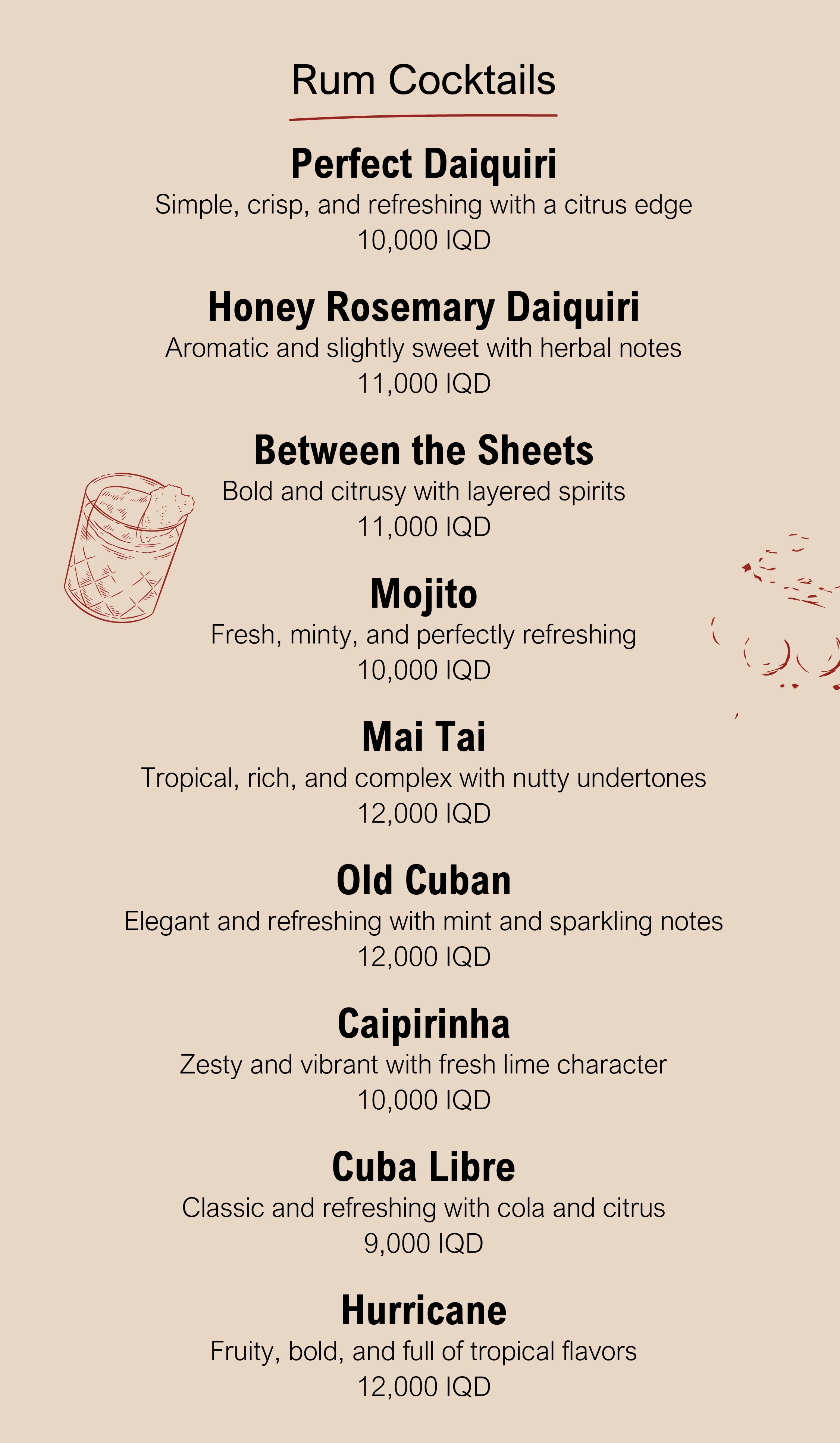 A dessert menu listing various rum cocktails with their descriptions and prices, featuring small illustrations of a glass with a drink and some fruit slices.