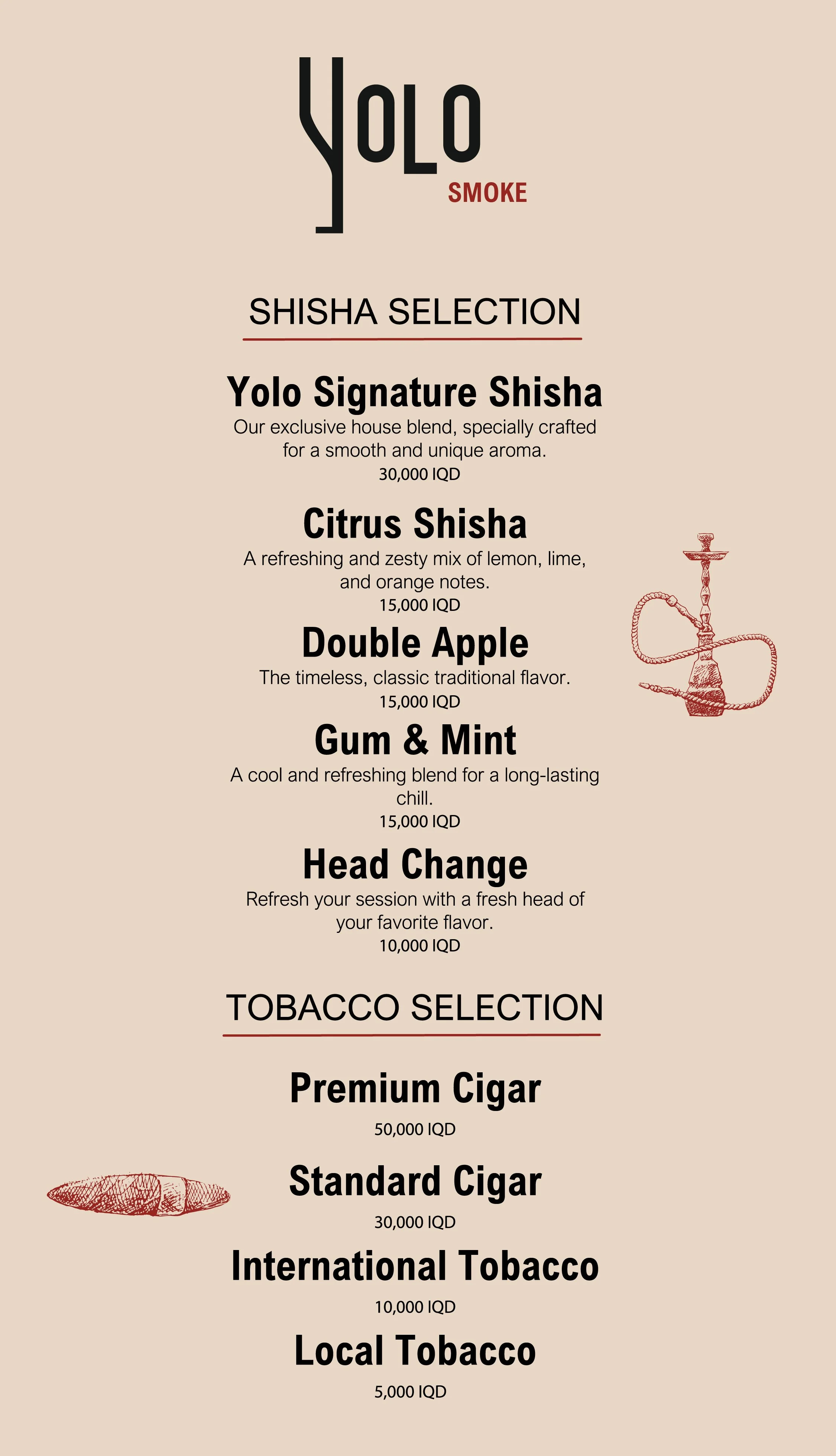 Menu for Yolo Smoke Shisha with options for different shisha flavors and tobacco selections, including prices in IQD.
