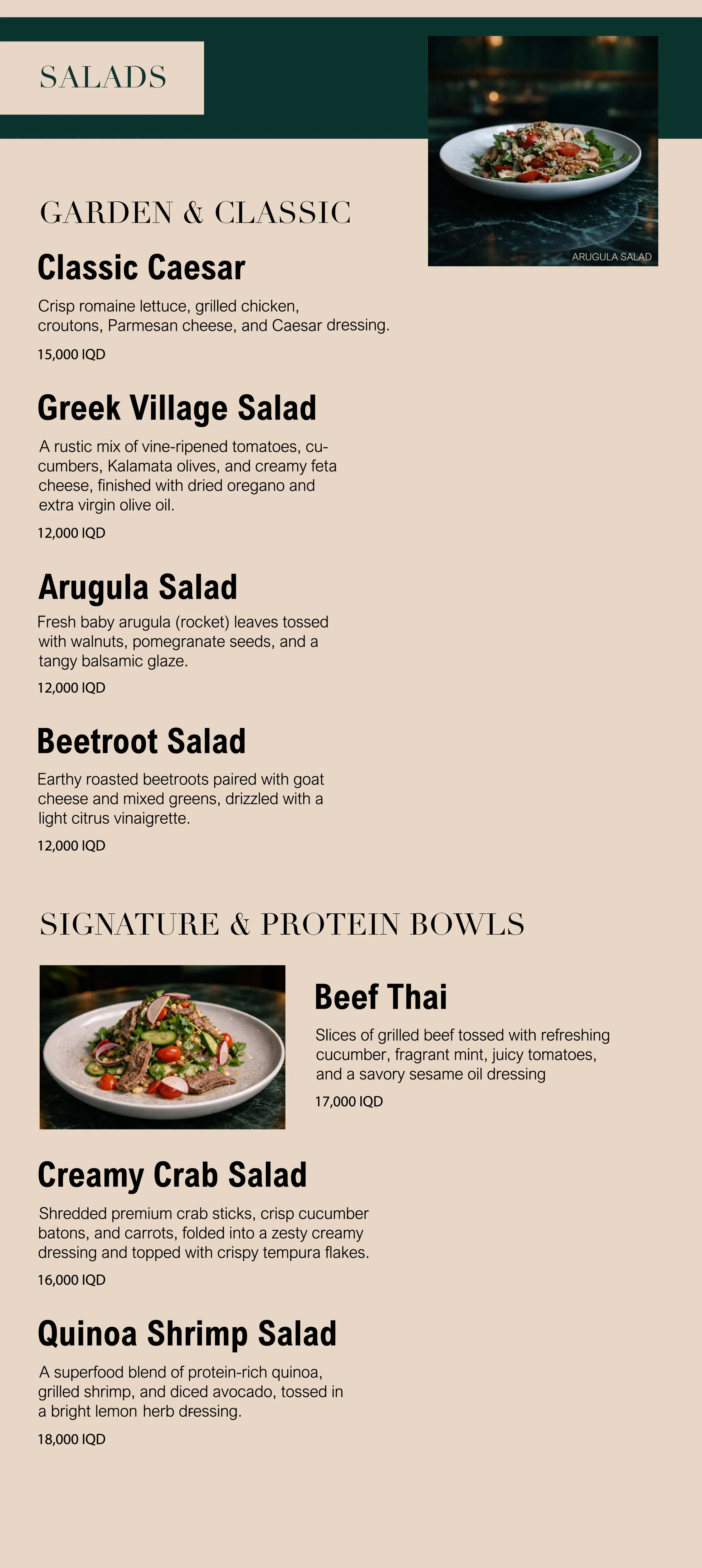 Menu featuring salads and protein bowls with images of dishes like arugula salad, beef Thai, and crab salad.
