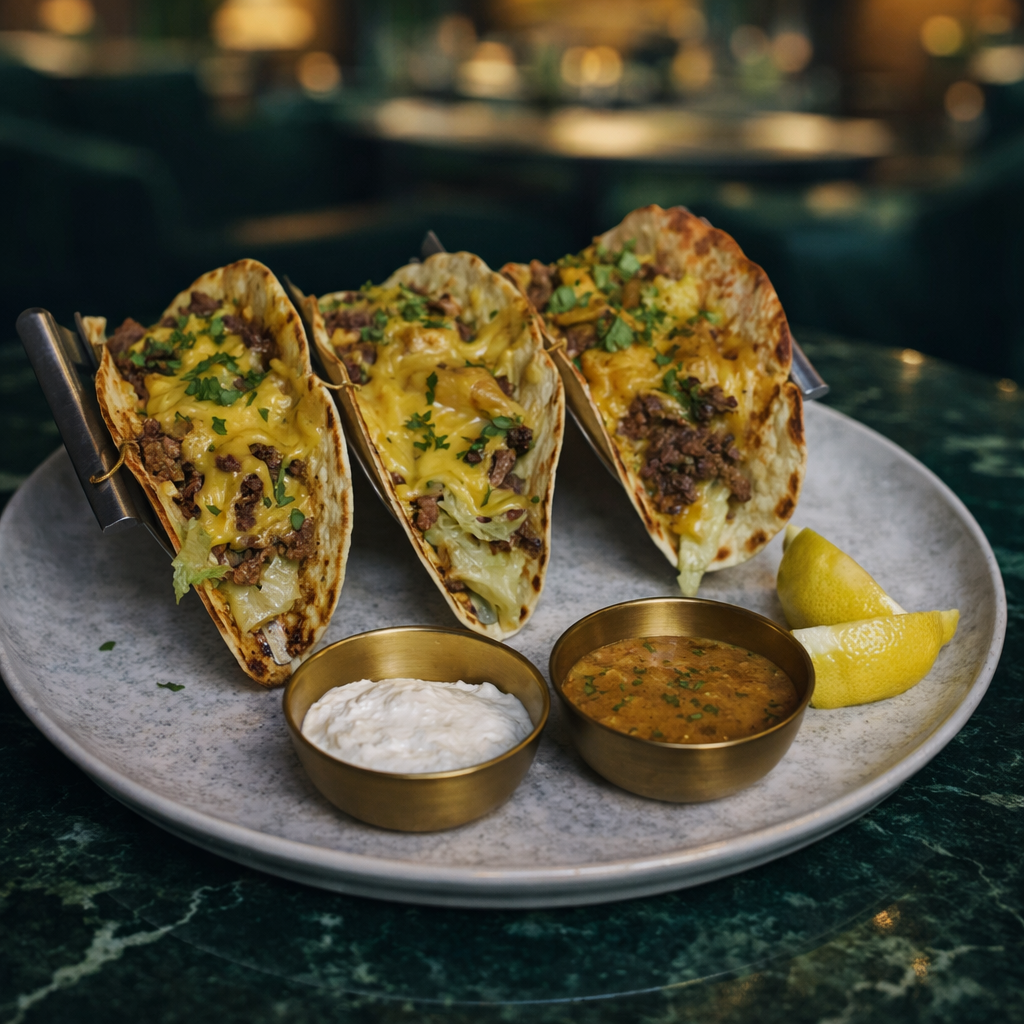 Three beef tacos with shredded cheese and chopped cilantro, served with lemon wedges, sour cream, and salsa on a gray plate.
