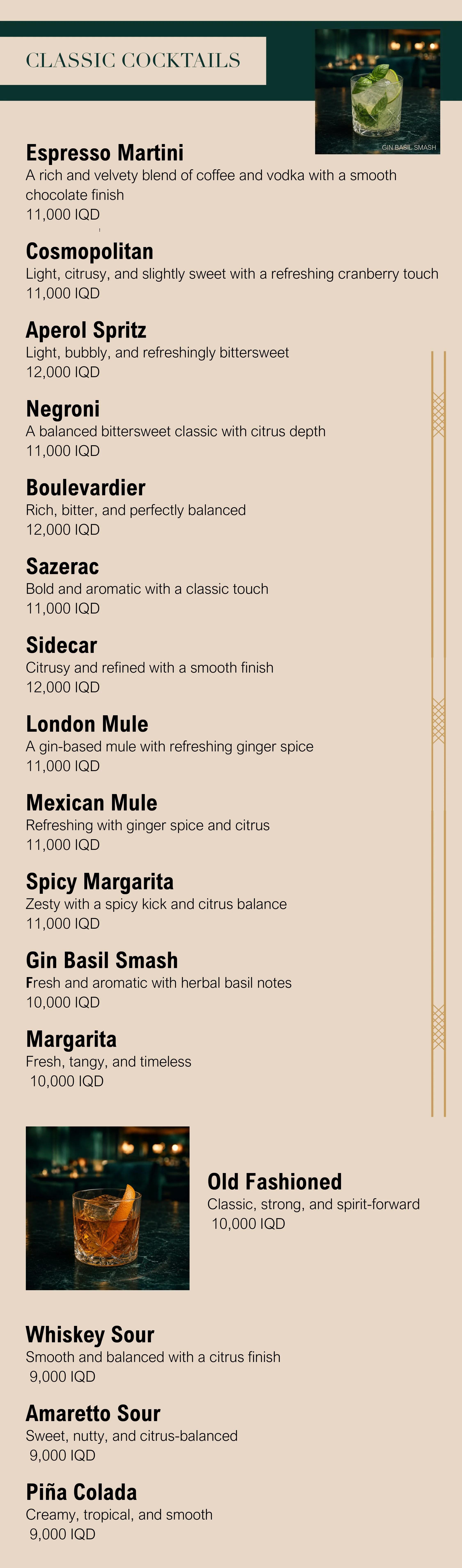 A menu titled "Classic Cocktails" listing various drinks with descriptions and prices in IQD, accompanied by two images of cocktails, one in the top right corner and another at the bottom left corner.