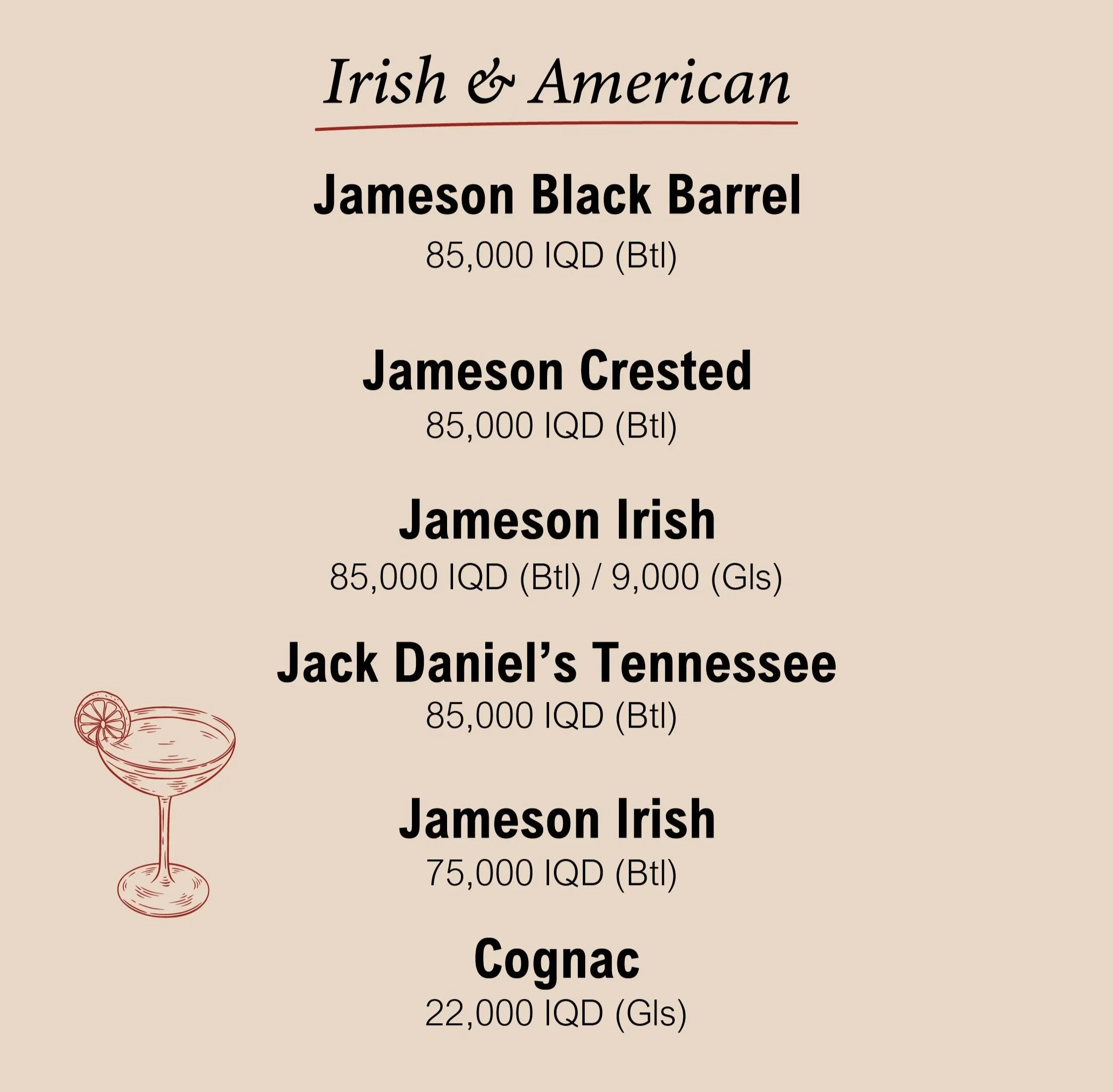 A menu with a beige background displaying a list of alcoholic beverages including Irish and American whiskey, Jameson Black Barrel, Jameson Crested, Jameson Irish, Jack Daniel's Tennesse, and Cognac, each with their respective prices in Iraqi Dinar, with a small red illustration of a lemon slice at the bottom left corner.