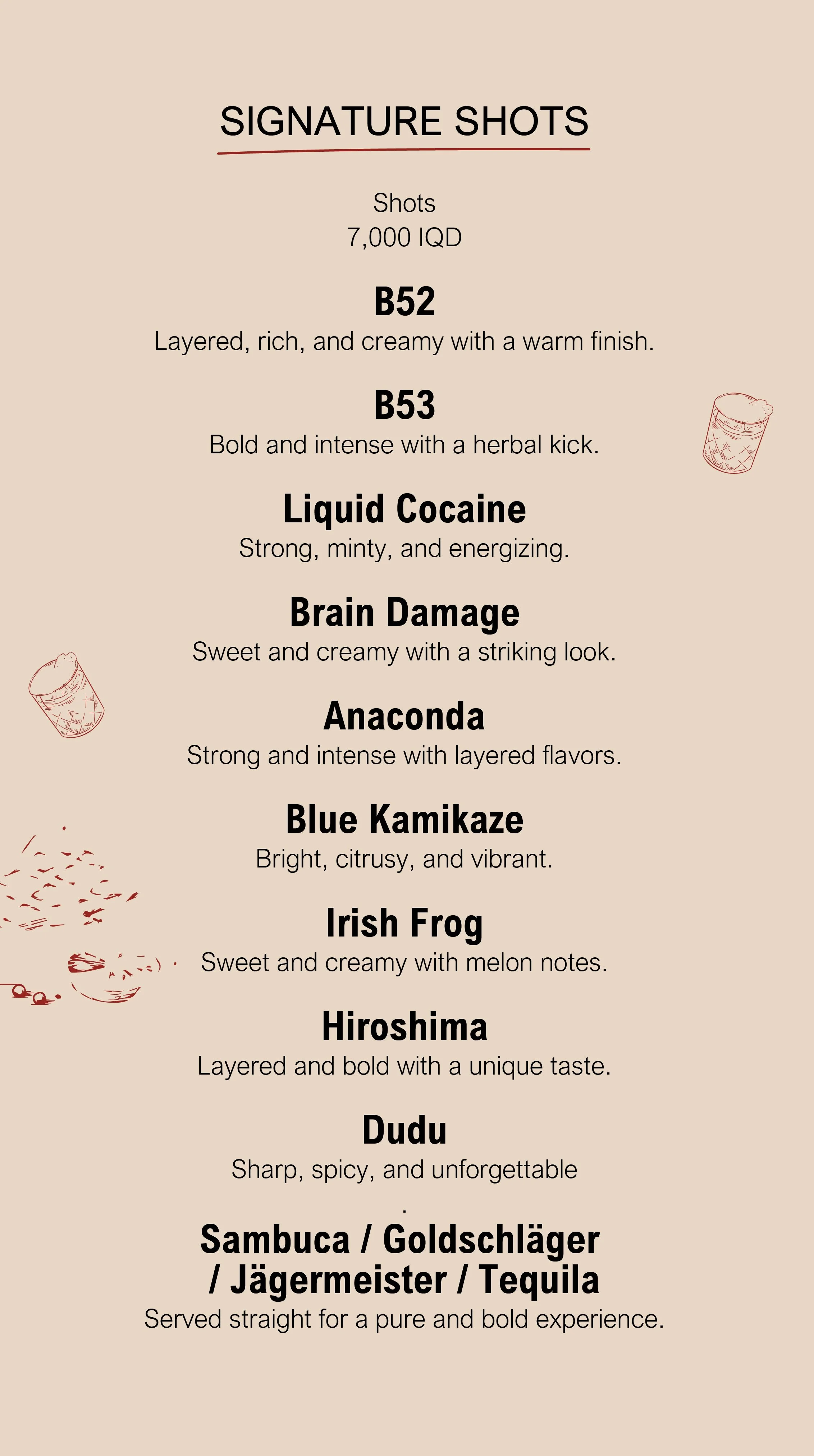 A menu of signature shots with descriptions and prices, featuring colorful illustrations of cocktail glasses on a beige background.