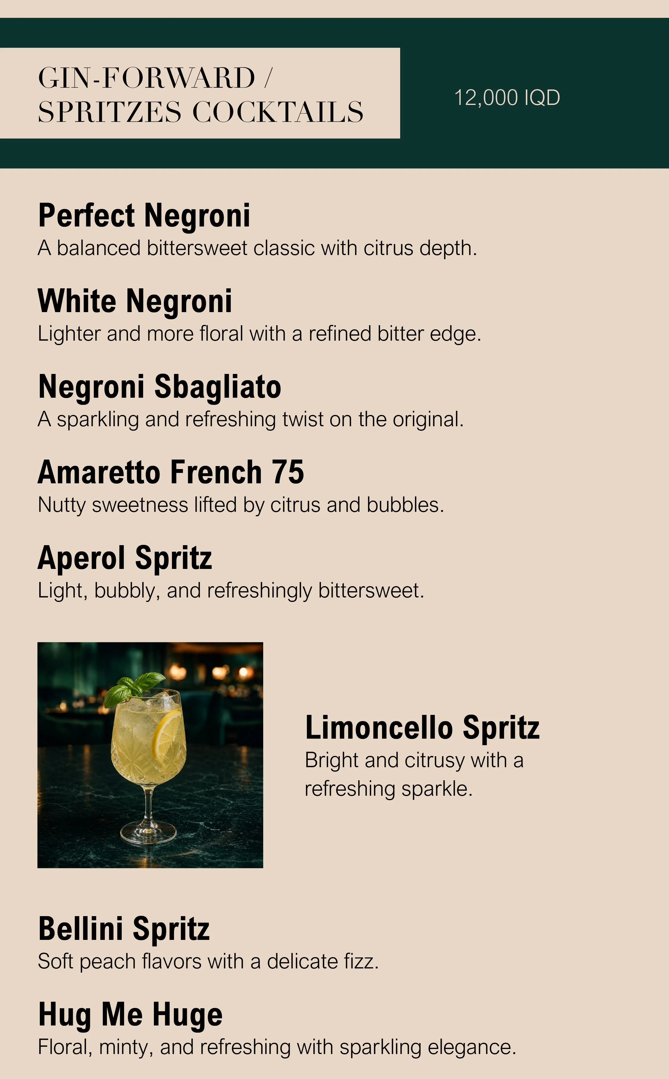 A menu featuring a selection of gin-forward and spritz cocktails with descriptions of each drink. There is also an image of a spritz cocktail garnished with a lemon slice and mint leaf.