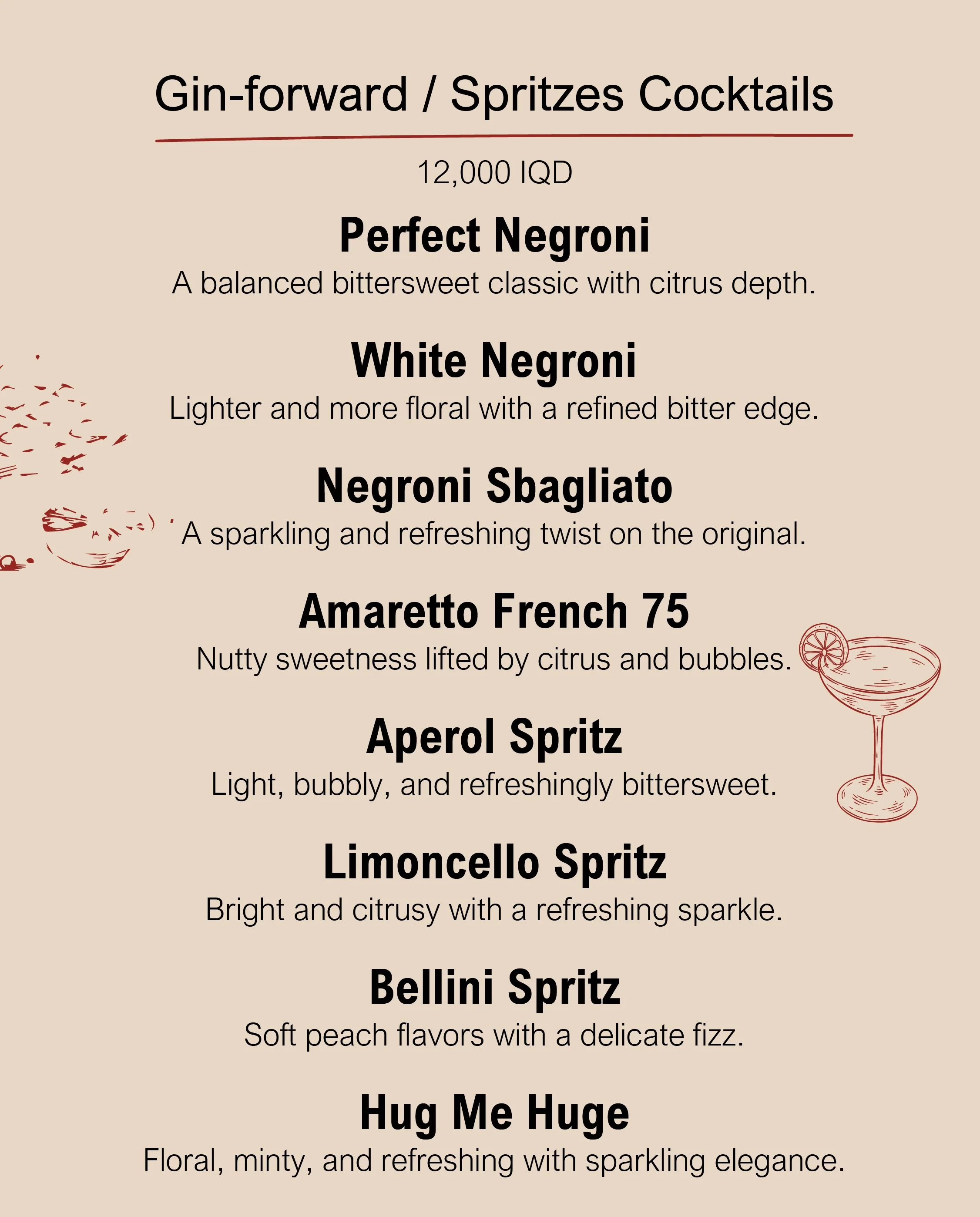 A restaurant menu listing various cocktails, including gin-forward spritzes, with descriptions of their flavors and presentation, accompanied by small decorative illustrations of a lemon slice, a cocktail glass, and a lemon wedge.