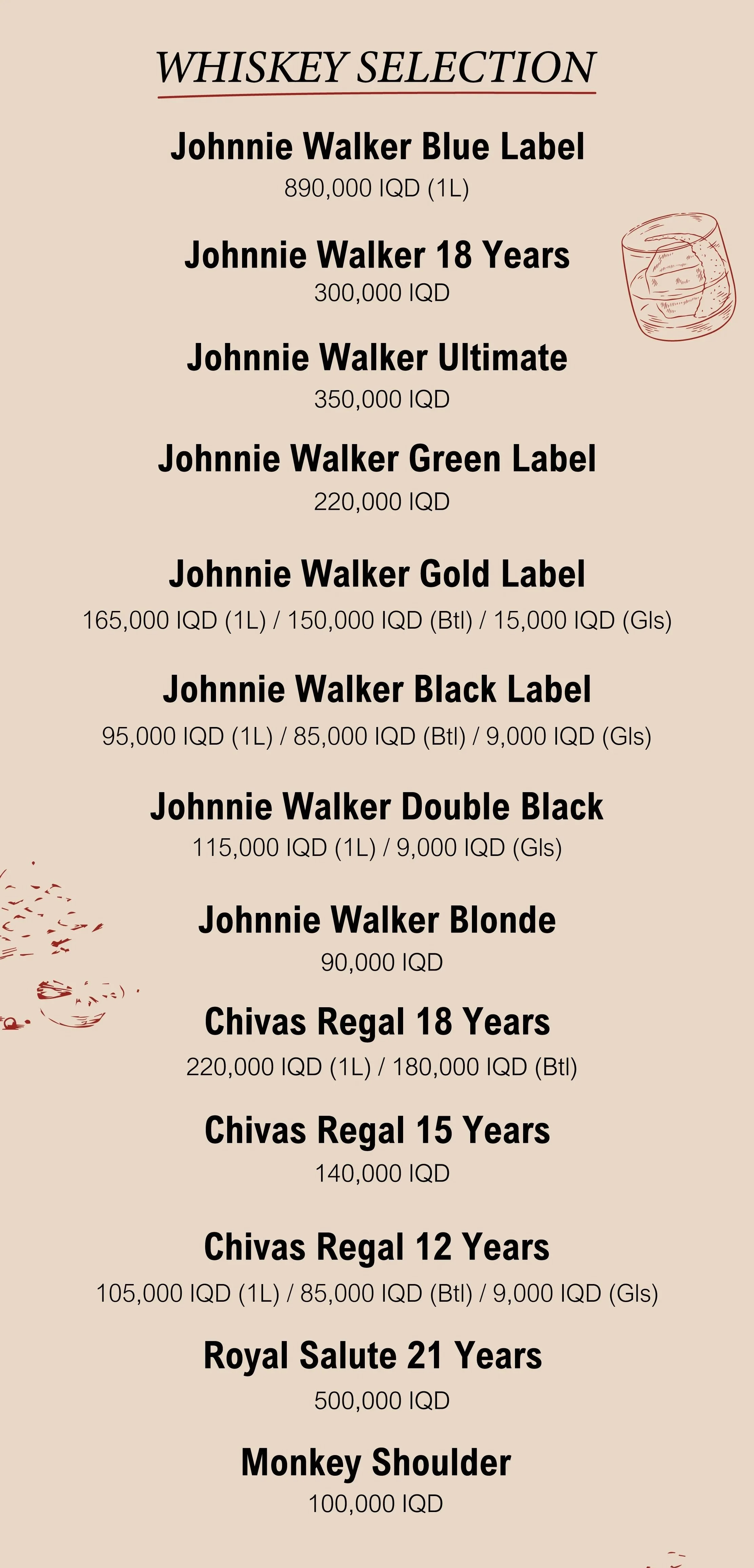 A whiskey menu titled 'Whiskey Selection' featuring various brands and prices in Iraqi dinars (IQD), including Johnnie Walker, Chivas Regal, Royal Salute, and Monkey Shoulder, with an illustration of a whiskey glass with ice cubes at the top right.