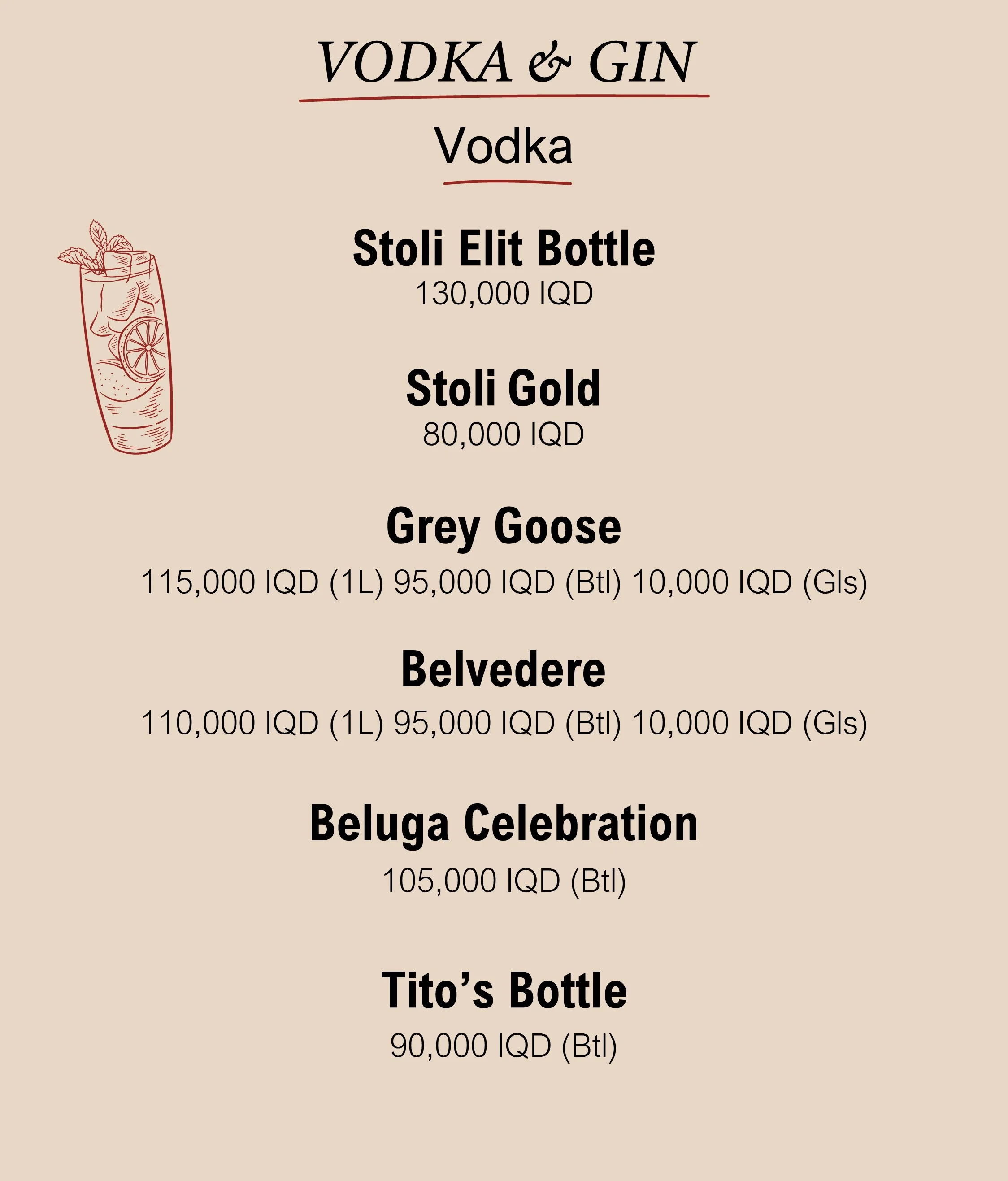 A menu listing various exotic cocktails made with vodka and gin, including their names and prices in Iraqi Dinars. The menu also features a small illustration of a cocktail glass with ice, a lemon slice, and mint leaves.