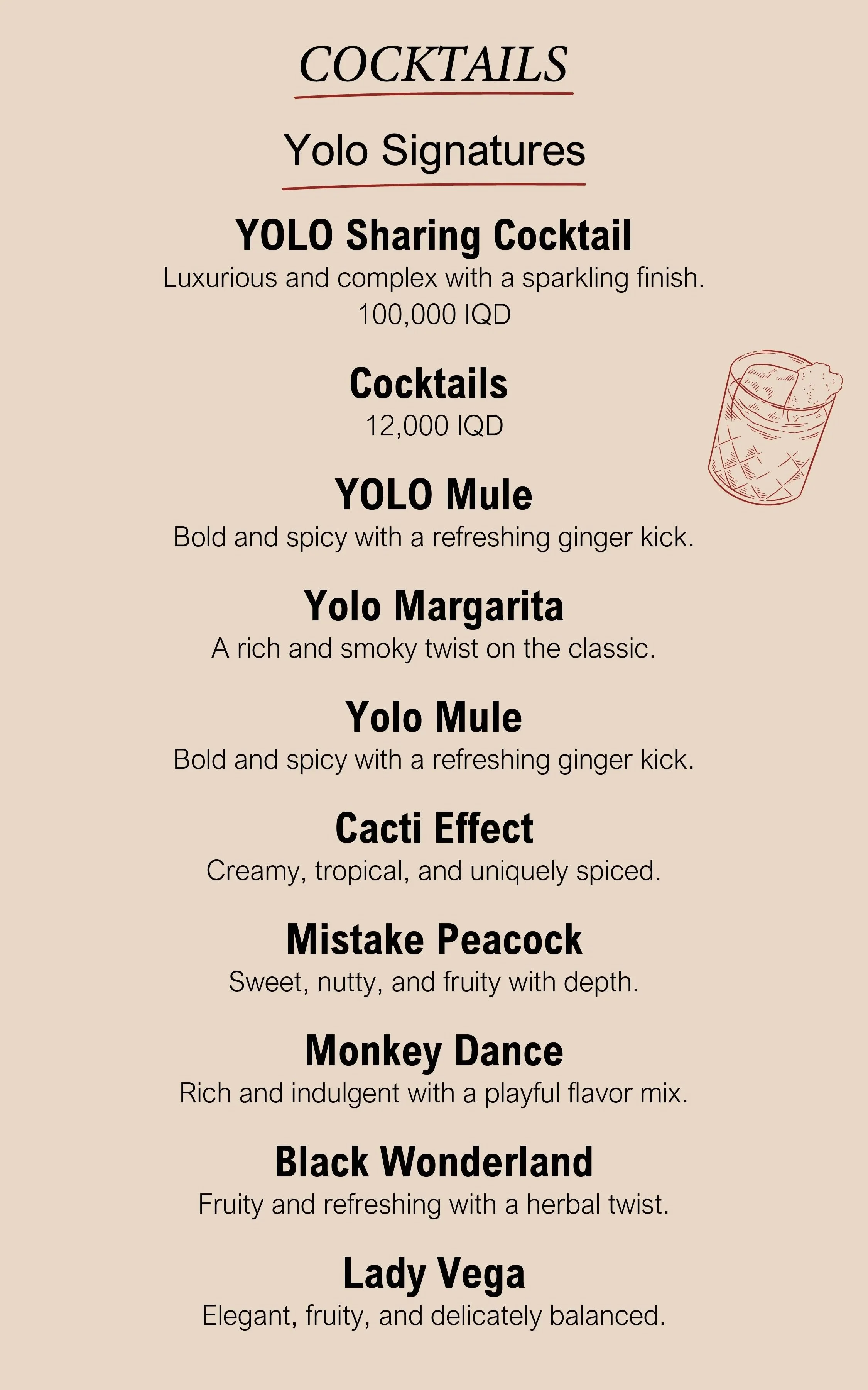A menu titled 'Cocktails' listing various drinks with descriptions and prices, and a small illustration of a glass with ice and a straw on the right side.