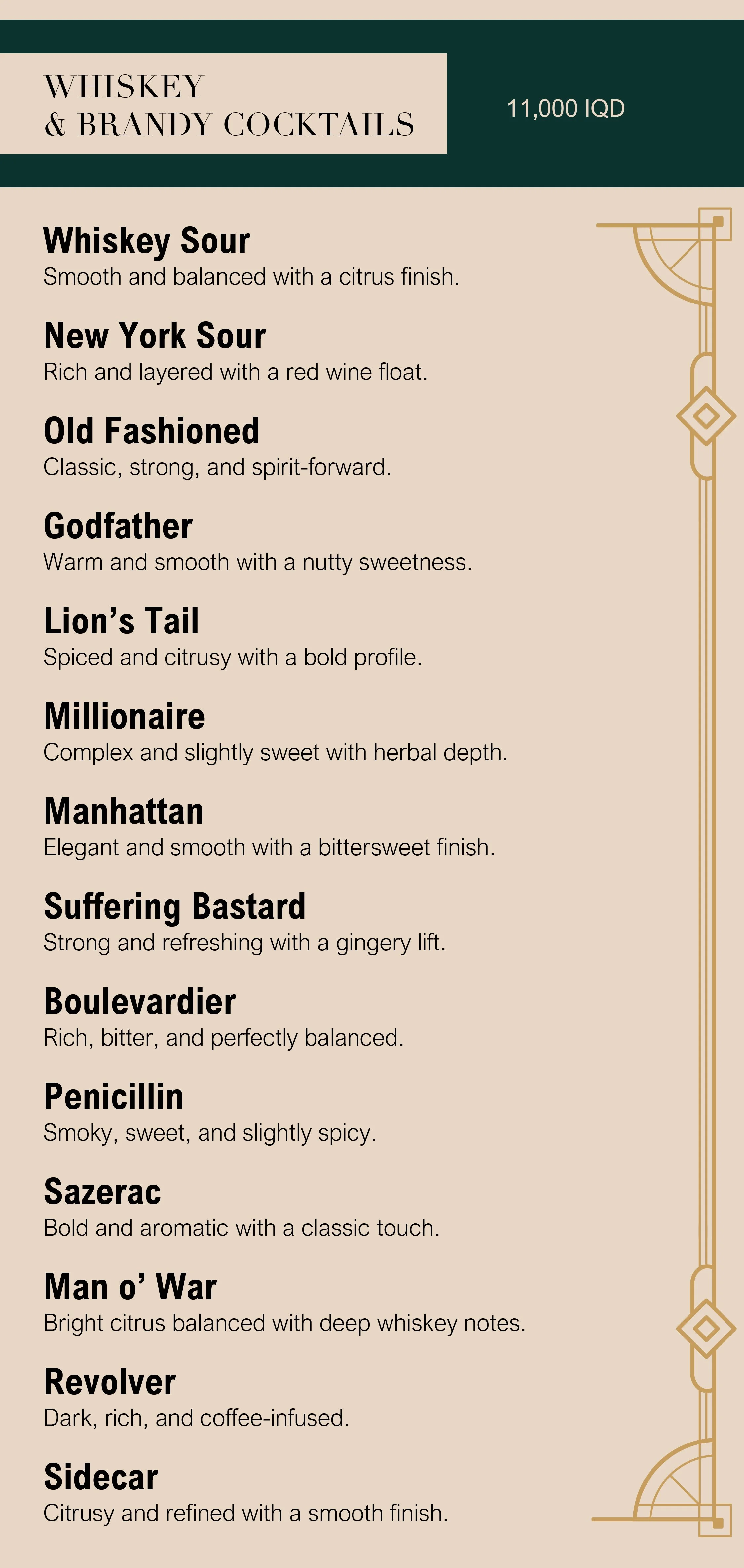 List of whiskey and brandy cocktails with descriptions, including Whiskey Sour, New York Sour, Old Fashioned, Godfather, Lion's Tail, Millionaire, Manhattan, Suffering Bastard, Boulevadier, Penicillin, Sazerac, Man o' War, Revolver, and Sidecar.