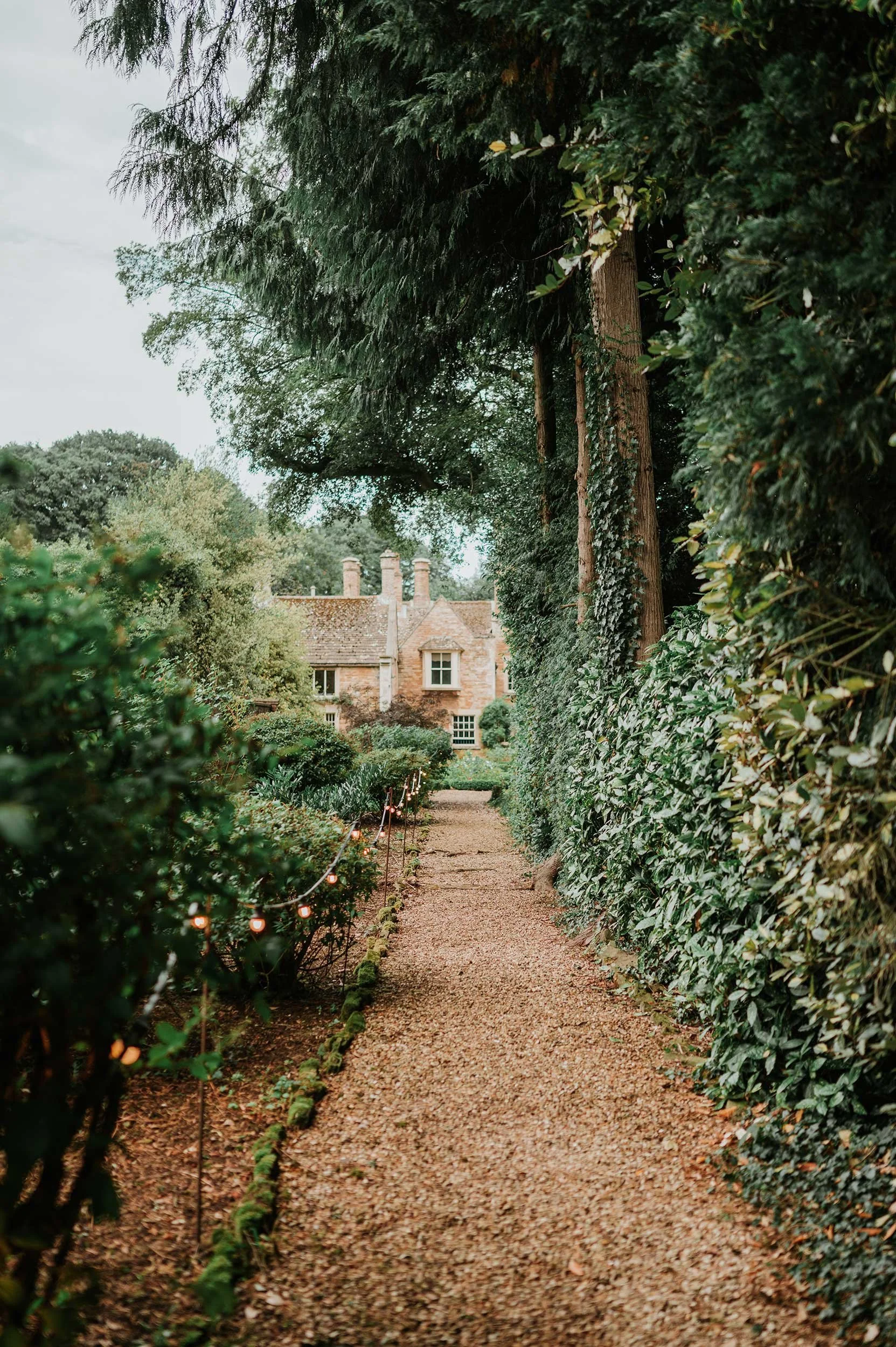 A gravel pathway lined with green bushes and string lights leads to a rustic brick house with multiple chimneys and a gabled roof, surrounded by trees and lush greenery.