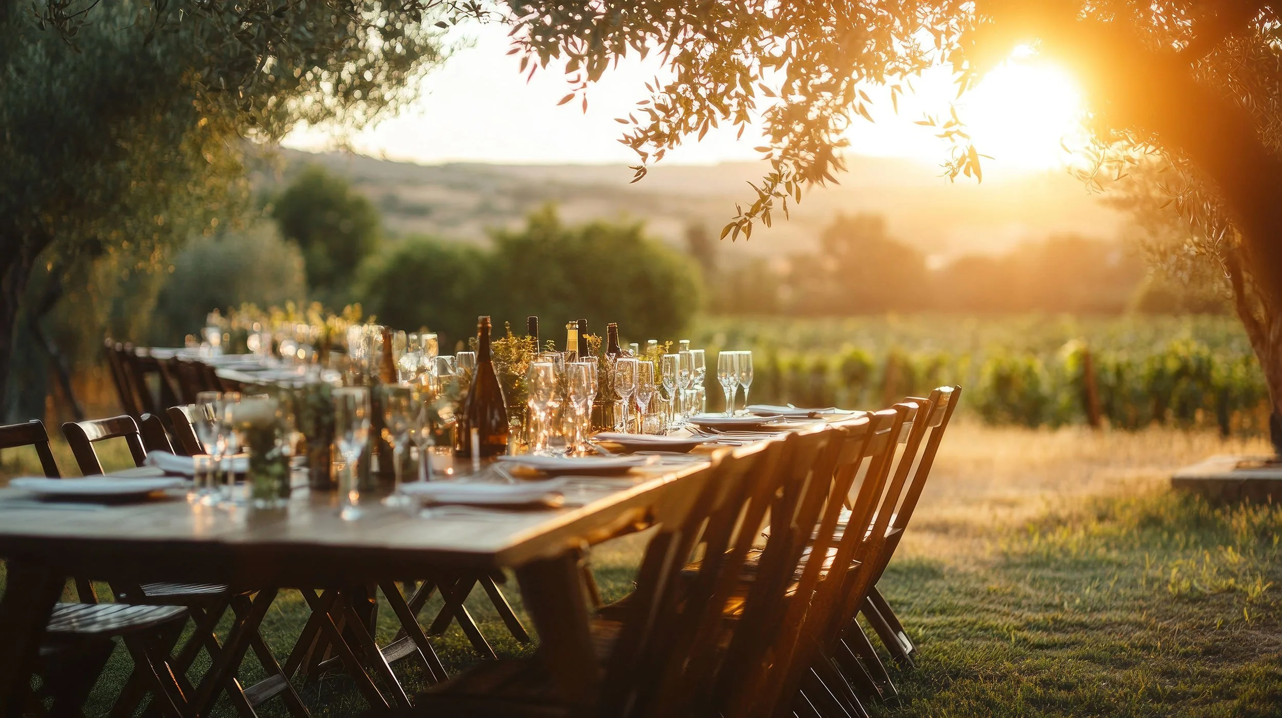Outdoor dining table set for a meal during sunset in a vineyard, with wine bottles, glasses, and tableware, surrounded by trees and greenery.
