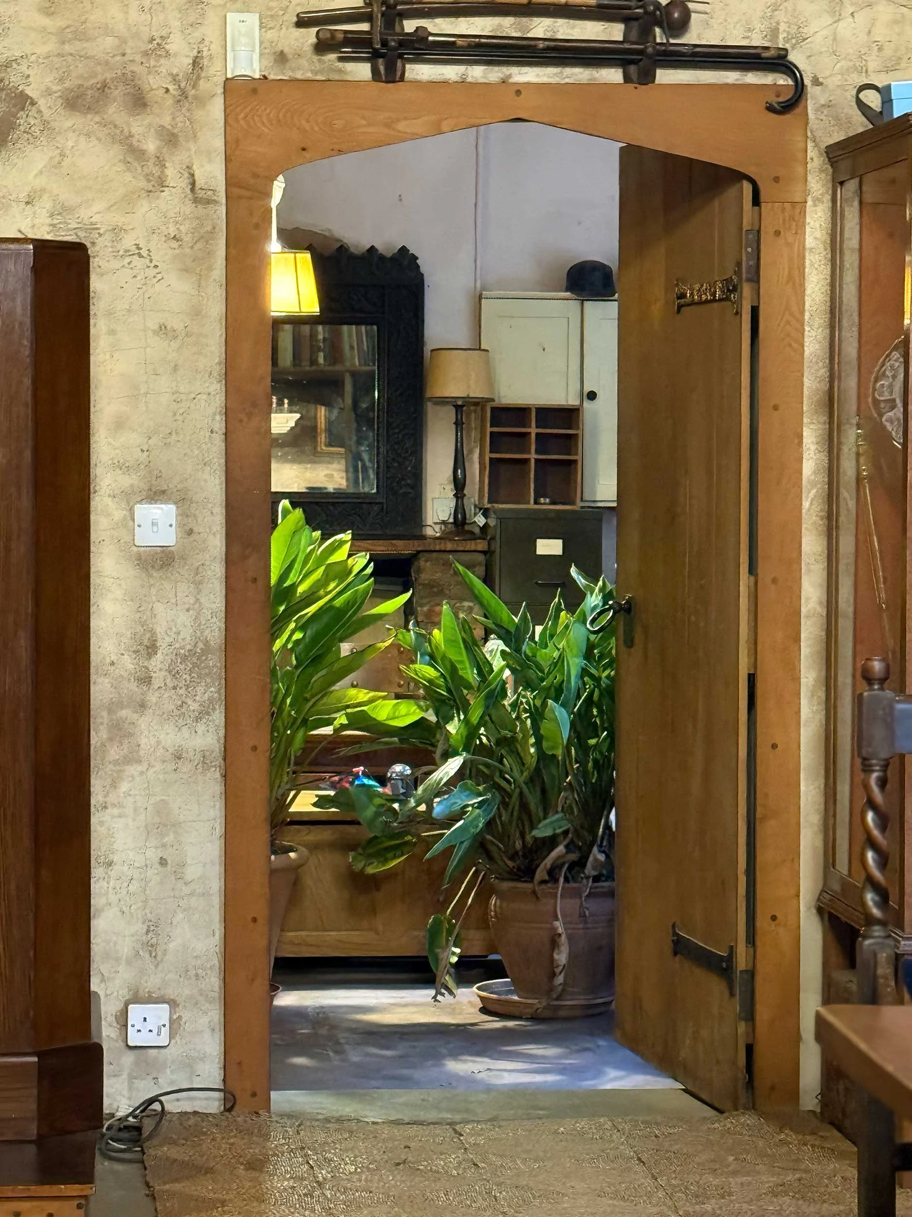 Open wooden door leading to a room with large green plants in pots on the floor, with antique furniture and a mirror on the wall inside.