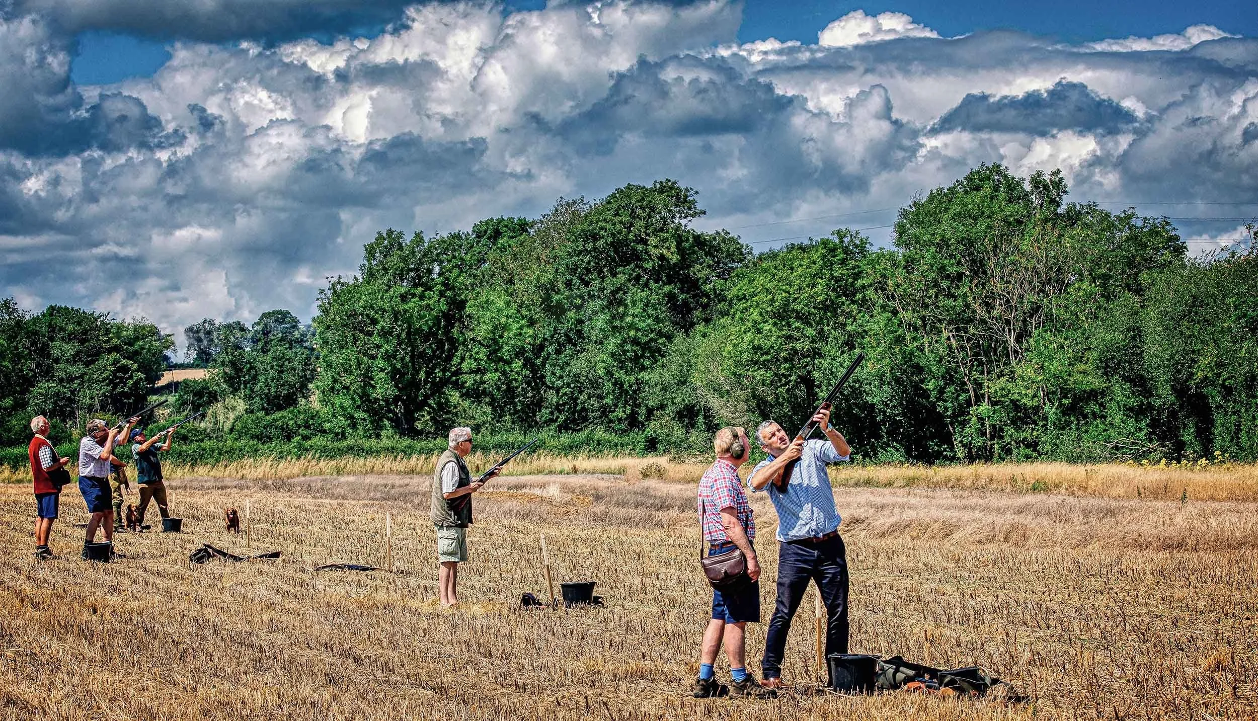 A group of people in a field aiming rifles at a target, with a backdrop of green trees and clouds in the sky.