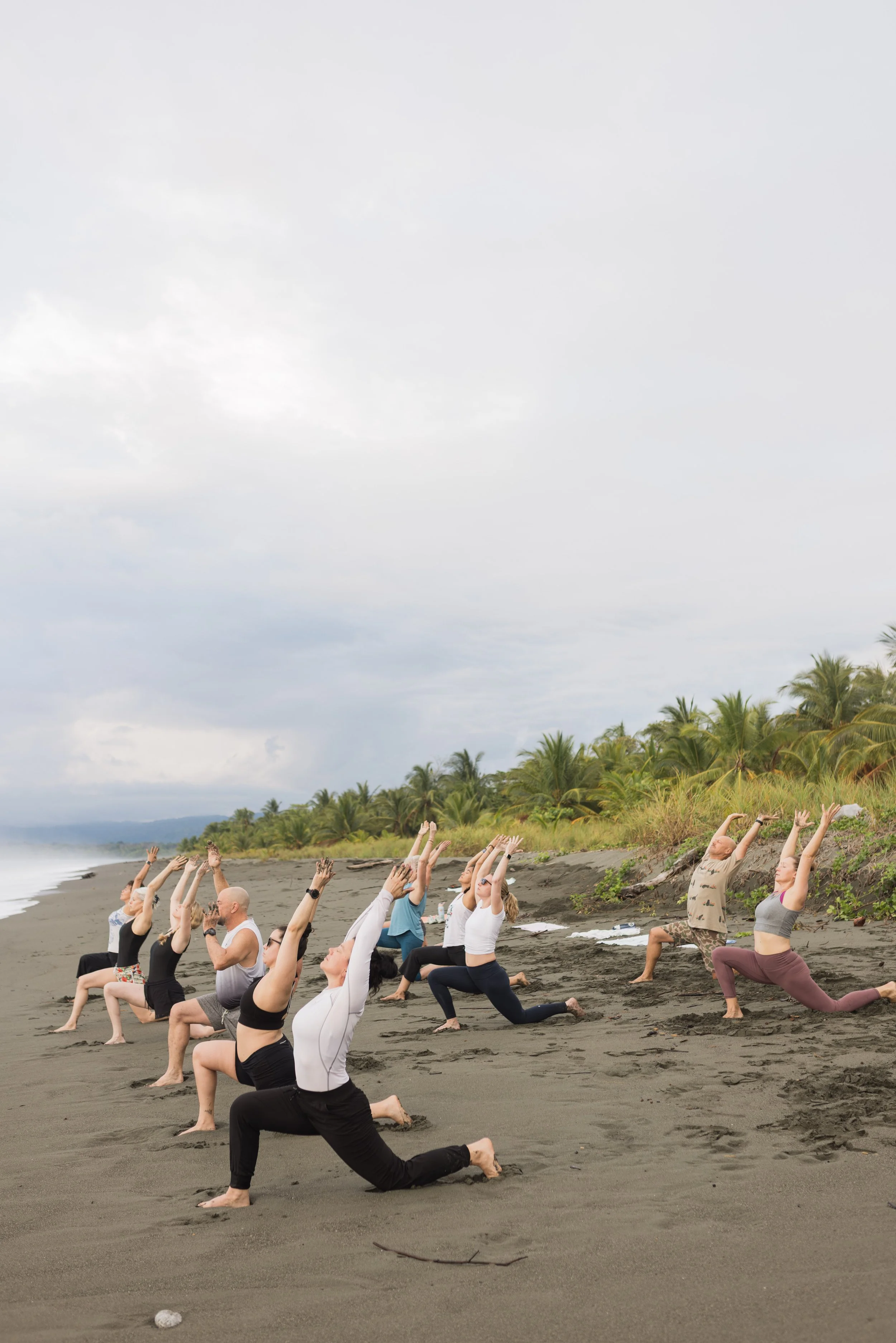 Group of people practicing yoga on a beach, kneeling with arms raised, surrounded by palm trees under cloudy sky.