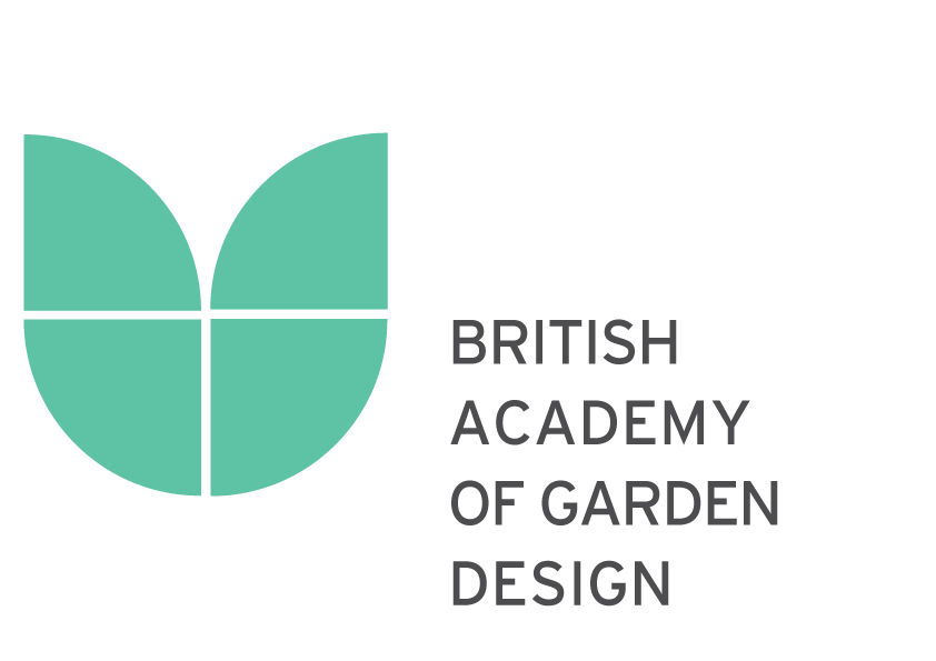 Logo of the British Academy of Garden Design featuring a stylized flower in a circle with four segments and the organization name.