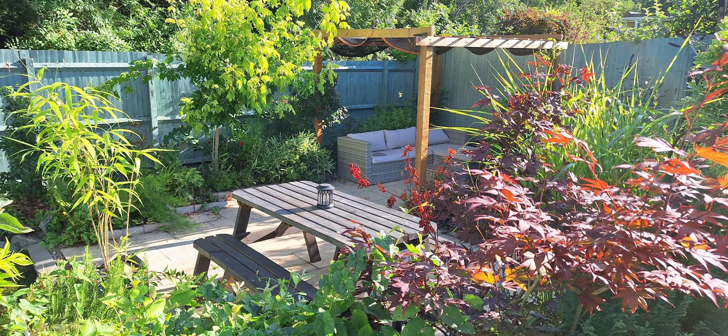 A lush backyard garden with a wooden picnic table and bench, surrounded by various green plants, trees, and purple and red-leafed bushes. In the background, a seating area with a wicker sofa and cushions under a wooden pergola, enclosed by a blue wooden fence.
