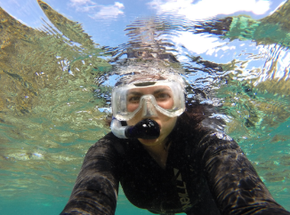 Person snorkeling underwater with mask and snorkel in a clear, green-tinted body of water.