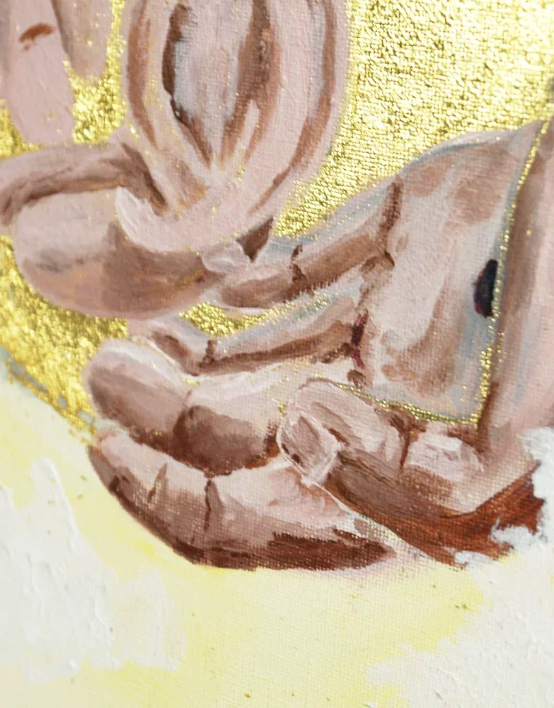 Detail des Kunstwerks "Im Heiligtum" von Nadine Duval, Nahaufnahme der rechten Hand mit goldenem Hintergrund, prophetisches Kunstwerk