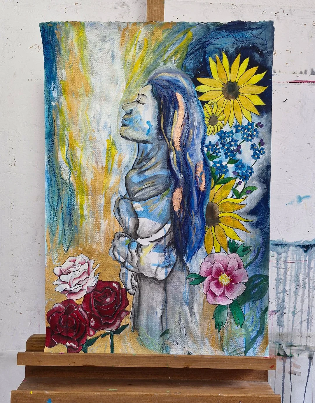 Kunstwerk "The Secret Place" von Nadine Schnabel auf einer Staffelei im Atelier