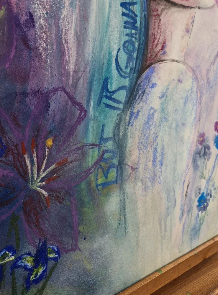 Detail mit Blütenmalerei aus dem Kunstwerk der christlichen Künstlerin, Nadine Duval