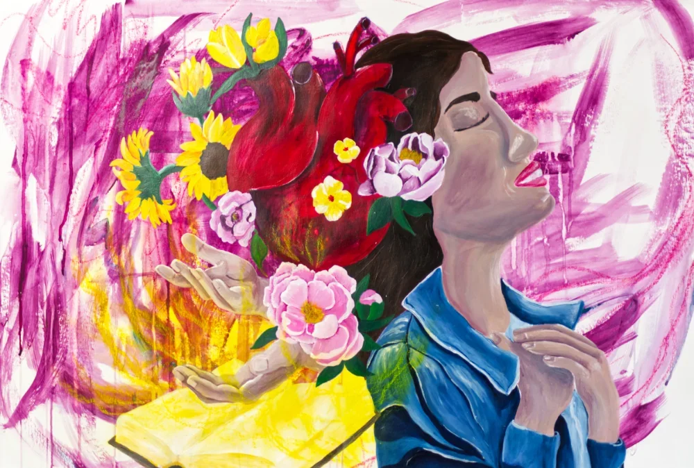 Ein Kunstwerk von Nadine Duval, in der MItte ist ein Herz, das blüht. Man sieht eine Frau in Anbetung, daneben eine offene Bibel und betende Hände - Das Herz des Lobpreises. Christliches Kunstwerk