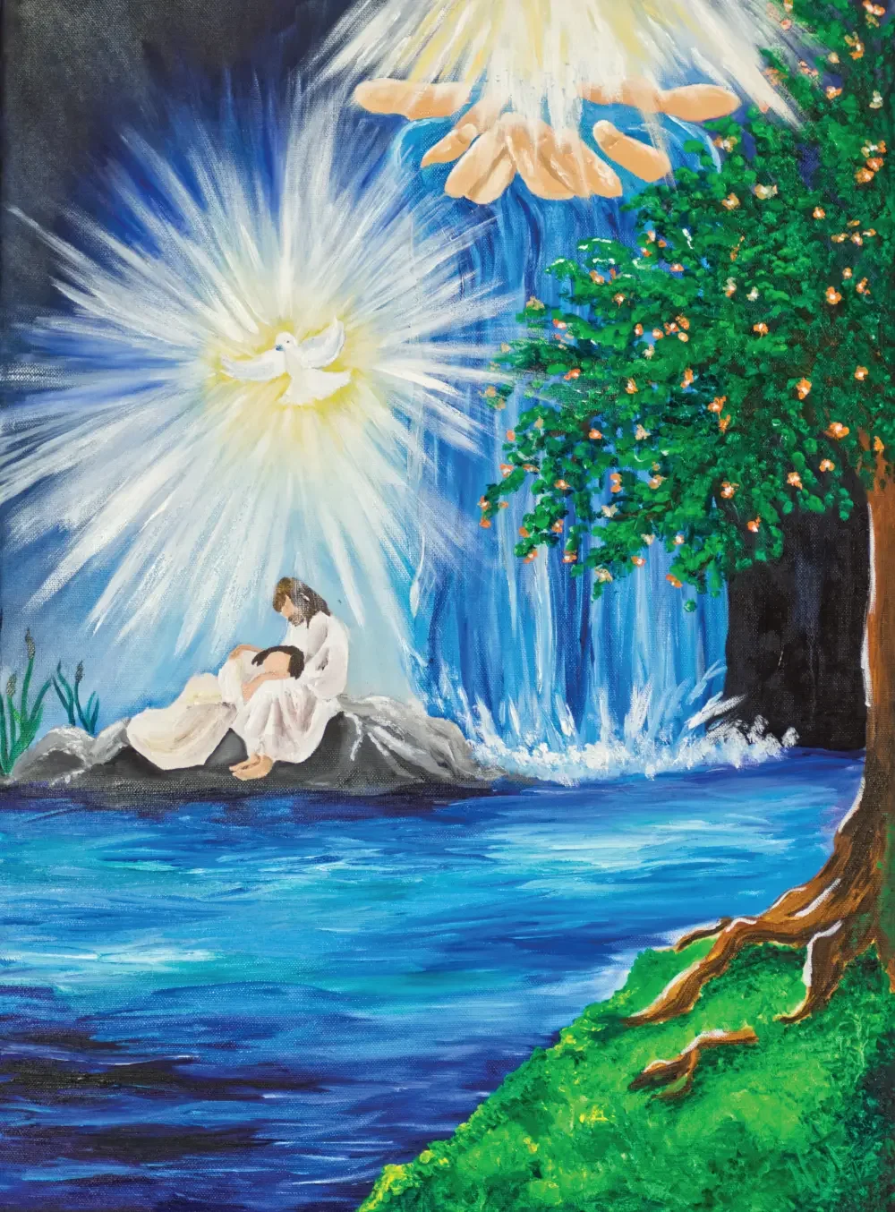 Auf dem prophetischen Kunstwerk siehst du Jesus, der mitten auf dem Wasser auf einem Stein sitzt und eine Frau in den Armen hält. Ein Wasserfall aus den Händen des Vaters, sowie eine Taube sind im Bild.