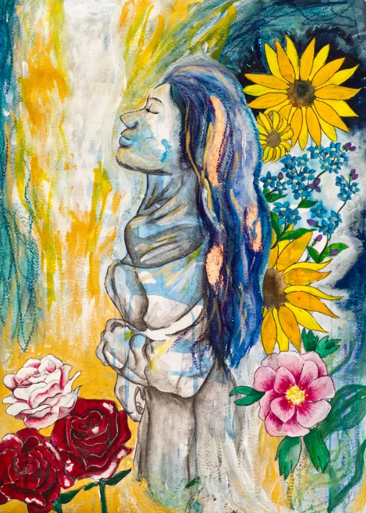 Eine Frau, umringt von Blumen, sie hat die Augen geschlossen in Gottes Gegenwart - Kunstwerk von Nadine Duval
