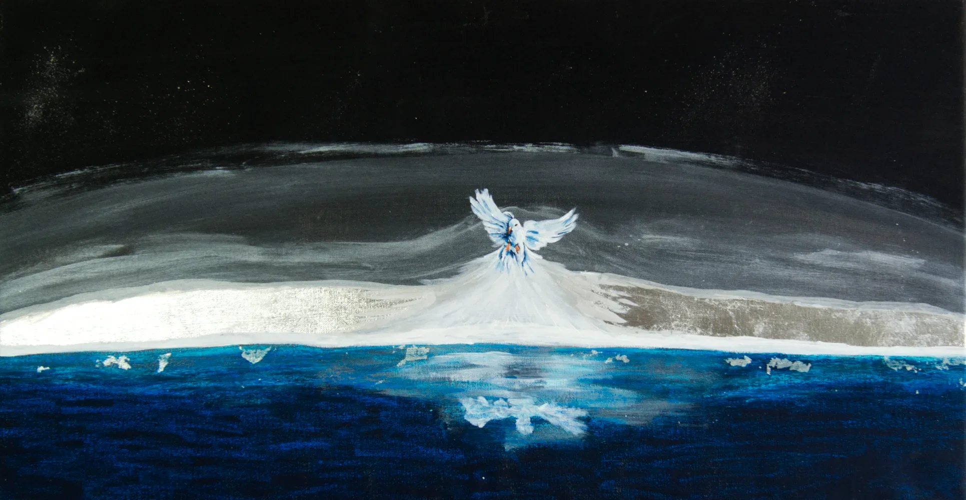 Christliche Kunst von Nadine Duval - Der Geist des Herrn schwebt in Form einer Taube über dem Wasser, eine Erinnerung an den Moment der Schöpfung