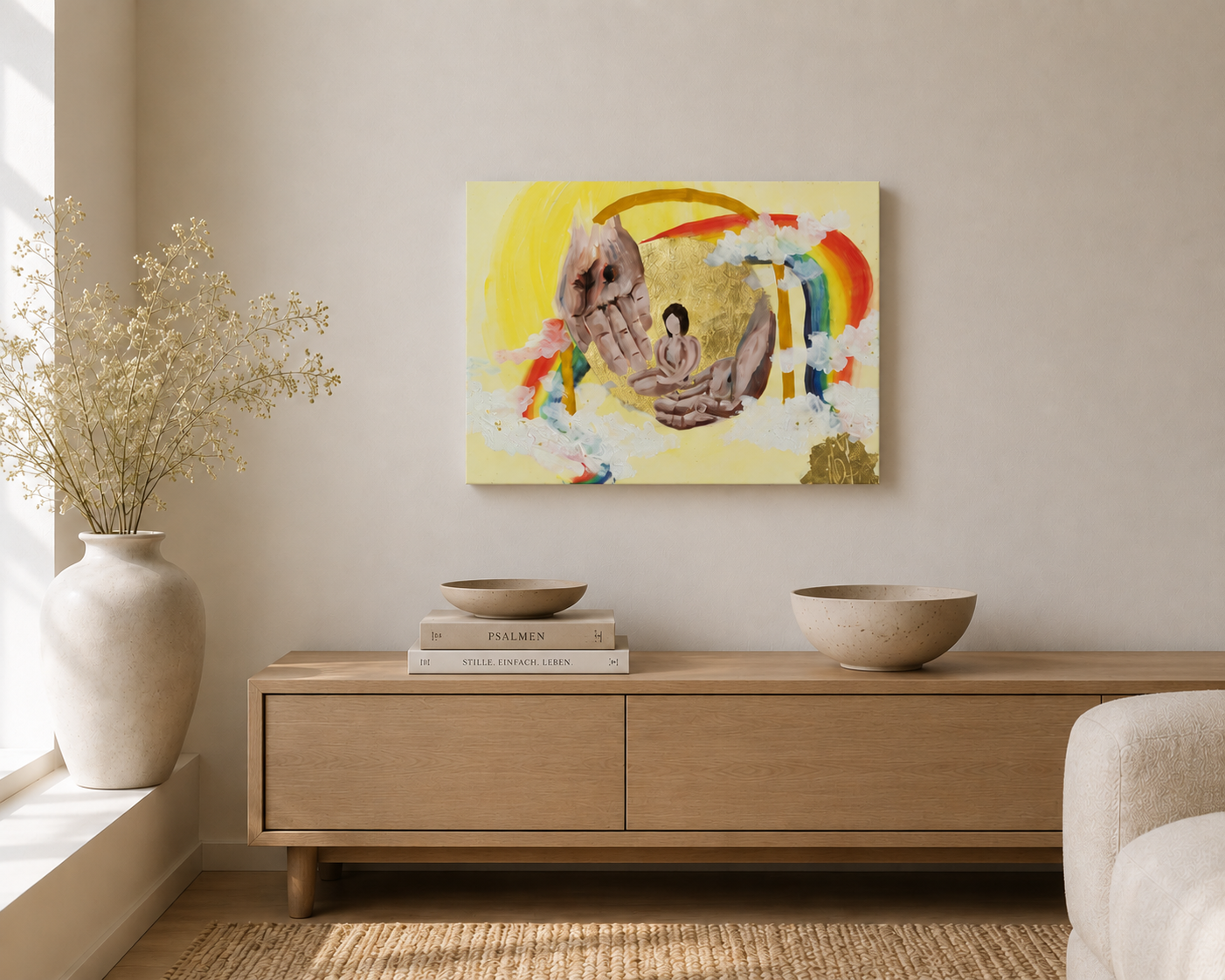 Prophetisches Kunstwerk von Nadine Duval an der Wand, auf dem Bild ist eine Frau, umringt von Licht und Gottes Herrlichkeit, durchbohrte Hände halten sie geborgen