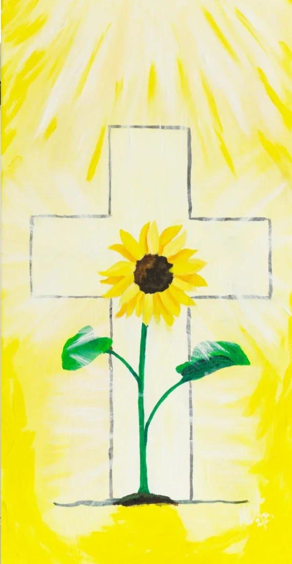 Christliches Kunstwerk von Nadine Duval, auf dem Bild ist eine Sonnenblume vor einem leuchtenden Kreuz, umgeben von Licht