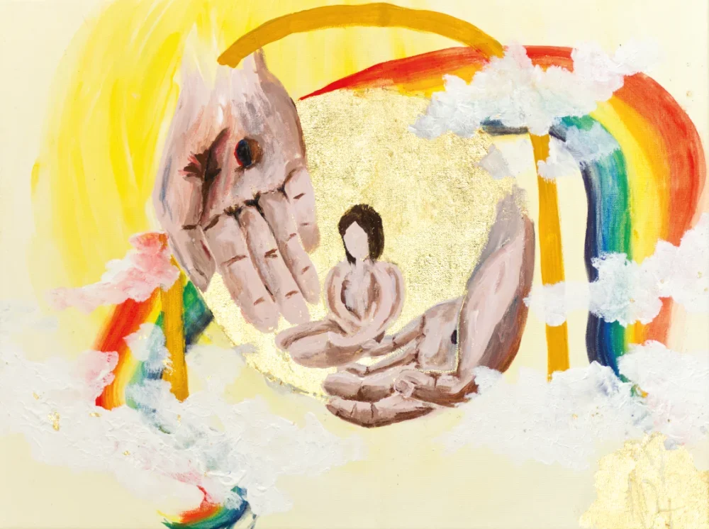 Ein Kunstwerk von Nadine Duval, ein Mädchen ist in der Mitte eines vergoldeten Kreises, geborgen in den mit Wundmalen versehenen Händen Jesu, umringt von einem Regenbogen, ein prophetisches, heilendes Kunstwerk von Nadine Duval