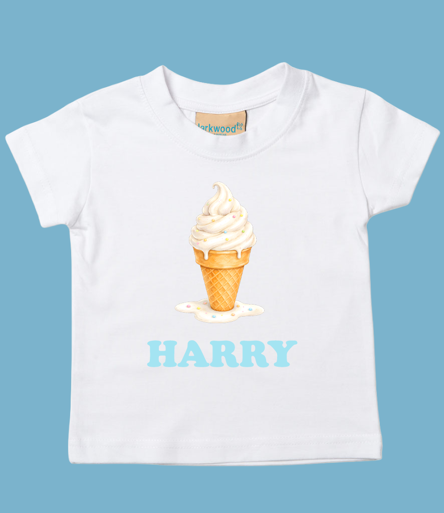 White children's t-shirt with a graphic of an ice cream cone and the name 'HARRY' in light blue text.