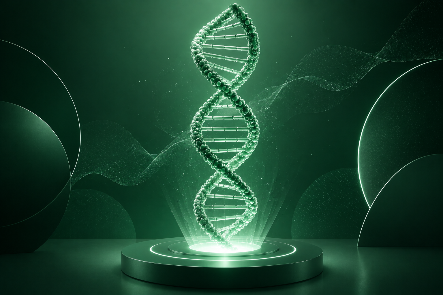 A glowing green digital representation of a DNA double helix on a futuristic display with abstract shapes and light waves in the background.