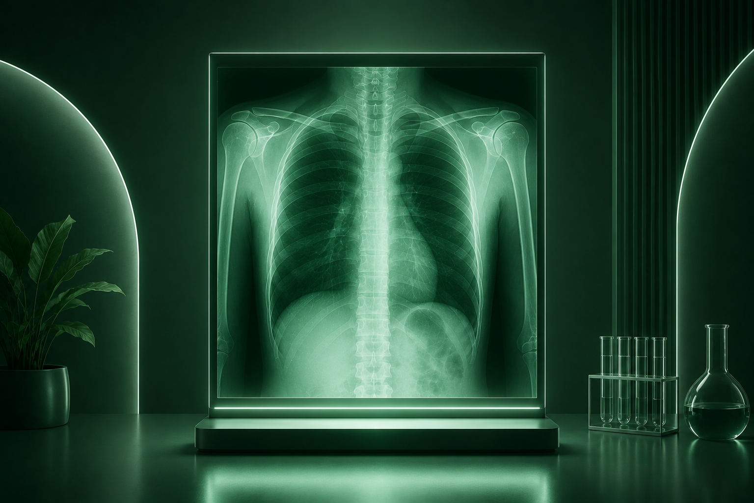 Medical X-ray showing human chest and shoulders, displayed on a glowing screen with test tubes and a flask on a desk, and a potted plant in a modern medical or laboratory setting.