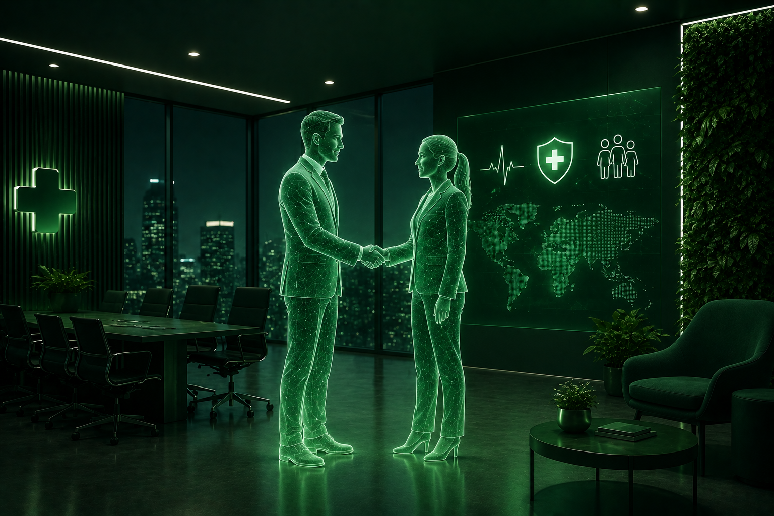 A digital rendering of a doctor and patient shaking hands, depicted as holograms, in a modern healthcare office with city skyline windows, medical symbols, and world map display.