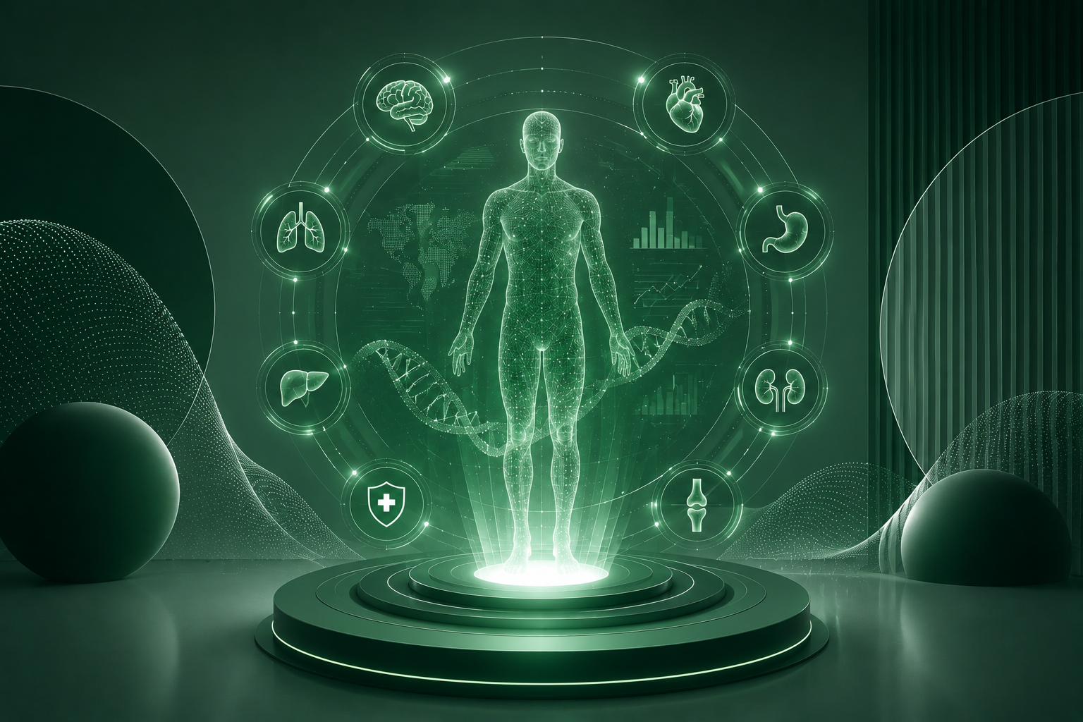 A digital, holographic human figure with various health and body system icons, including brain, lungs, liver, heart, stomach, kidneys, and joints, surrounded by data and world map graphics, all in green tones.