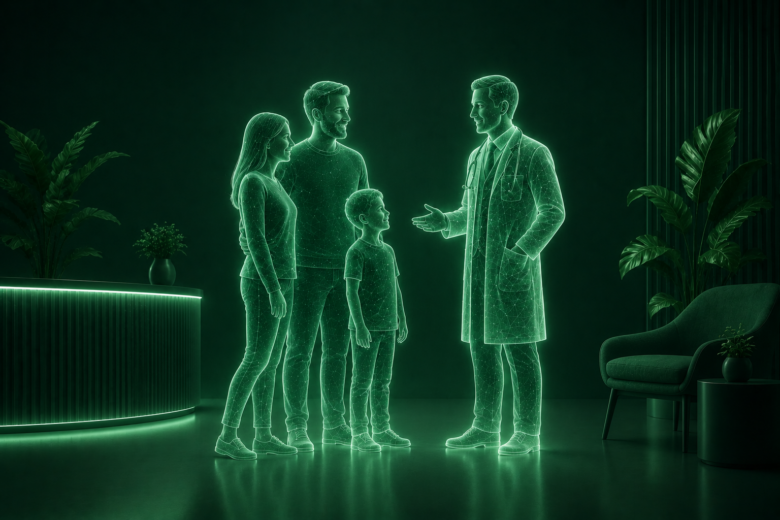 A digital hologram of a doctor talking to a family of four in a futuristic healthcare setting, with plants and seating area.