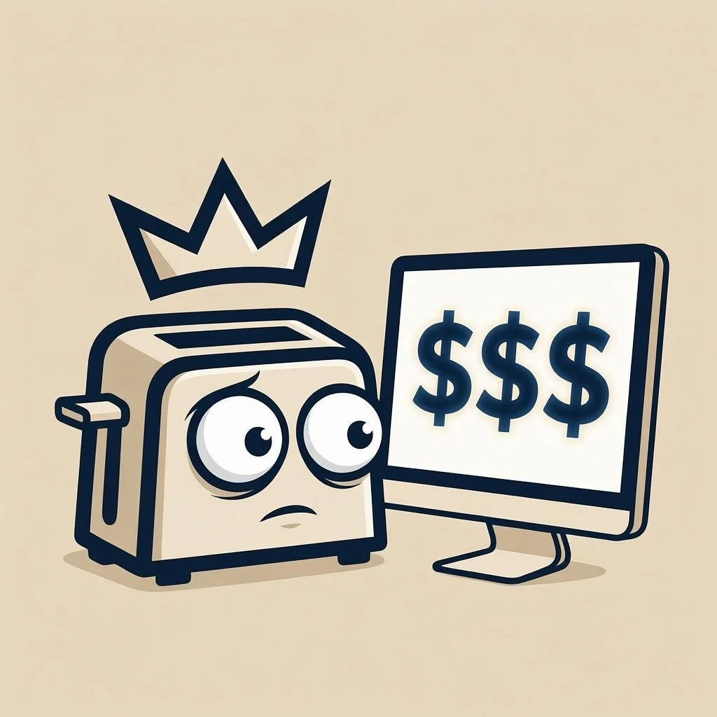 A cartoon illustration of a computer monitor with dollar signs on the screen, and a speaker with a crown above it, both with sad expressions.