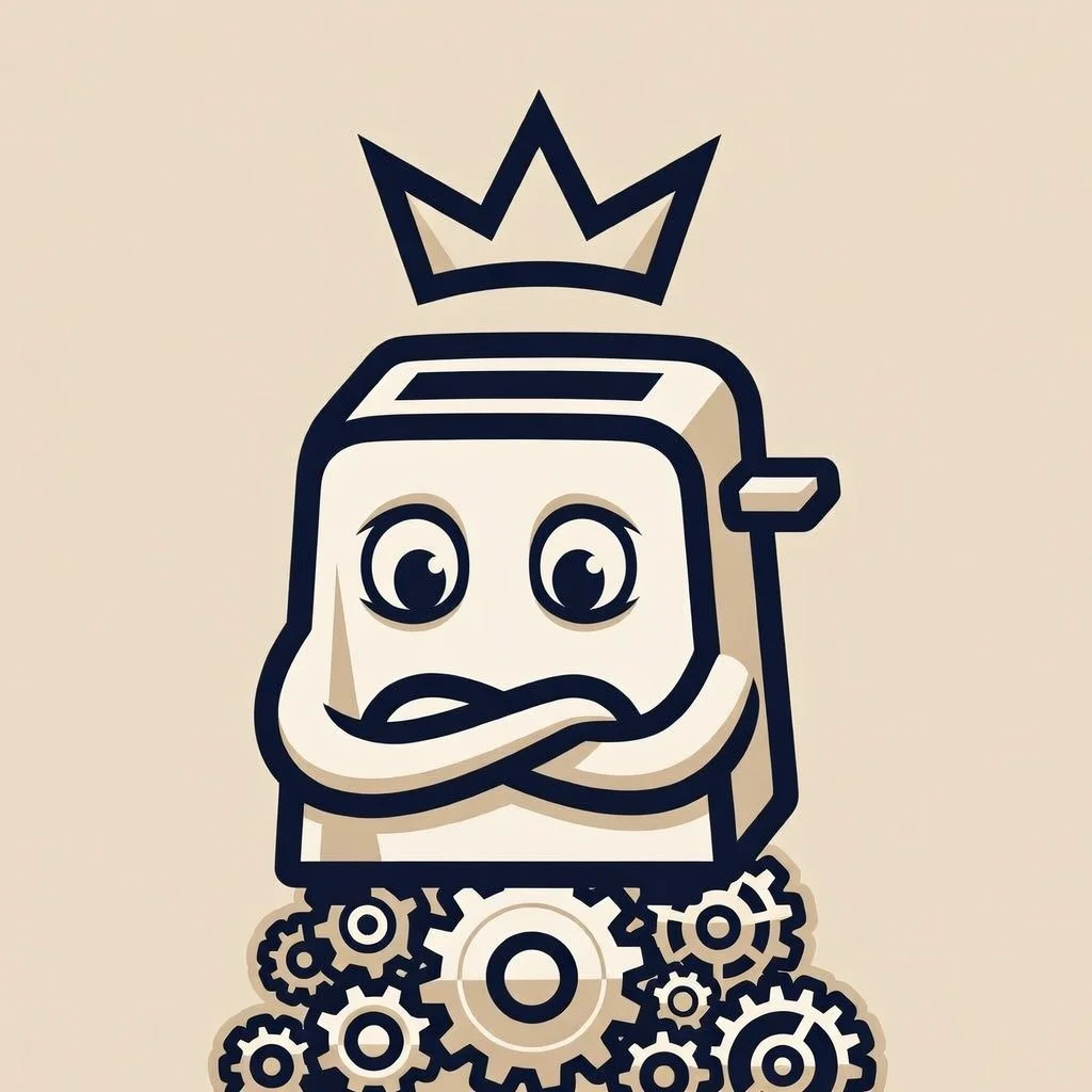 A cartoon-style illustration of a cute robot or device with big eyes, crossed arms, a gear at its base, and a crown-like symbol above its head.