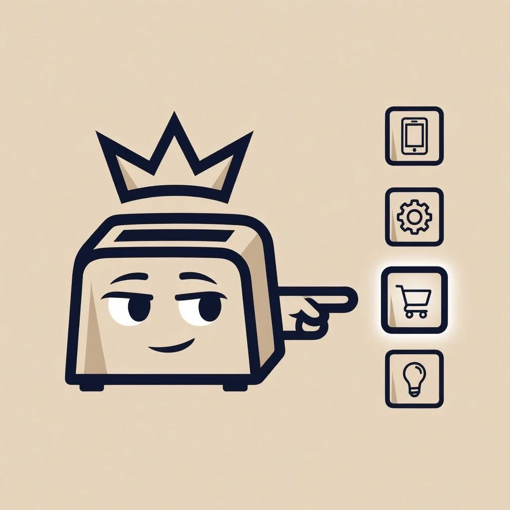 A cartoon illustration of a small smiling toaster with a crown on top, pointing to the right, with four icons to the right: a smartphone, a gear, a shopping cart, and a light bulb.