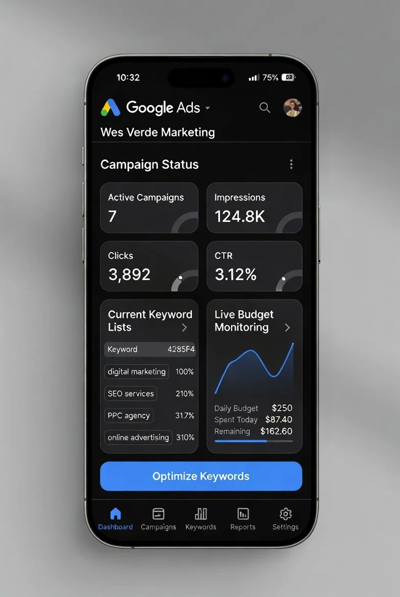 Smartphone displaying Google Ads campaign management app with campaign statistics, keyword lists, live budget monitoring, and navigation menu.