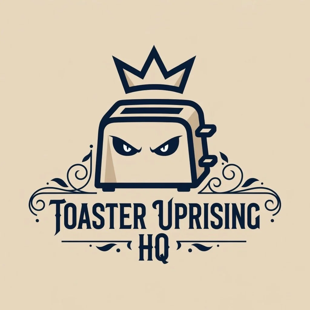 A logo featuring a stylized toaster with angry eyes, a crown above it, and decorative flourishes surrounding the text 'Toaster Uprising HQ'.