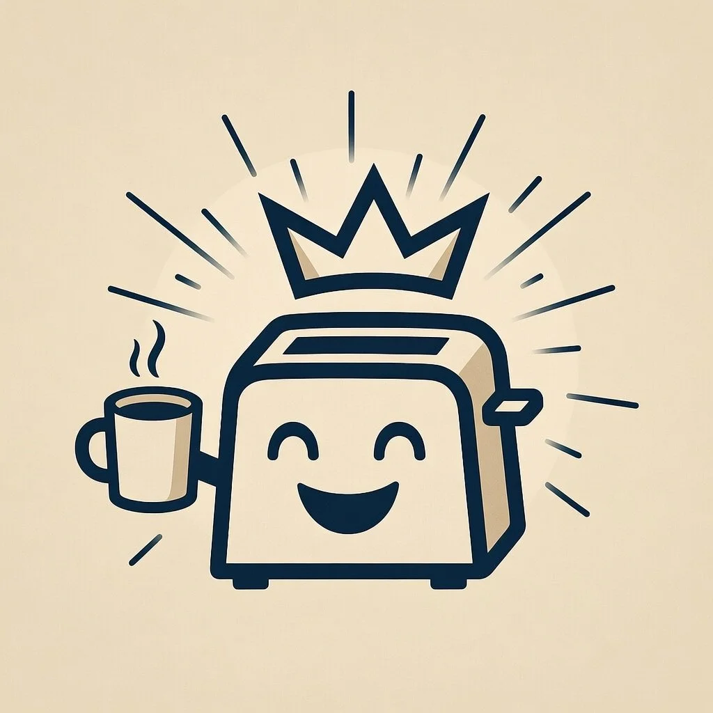 Cartoon toaster with a happy face, wearing a crown, holding a coffee mug, with rays emanating from behind it.