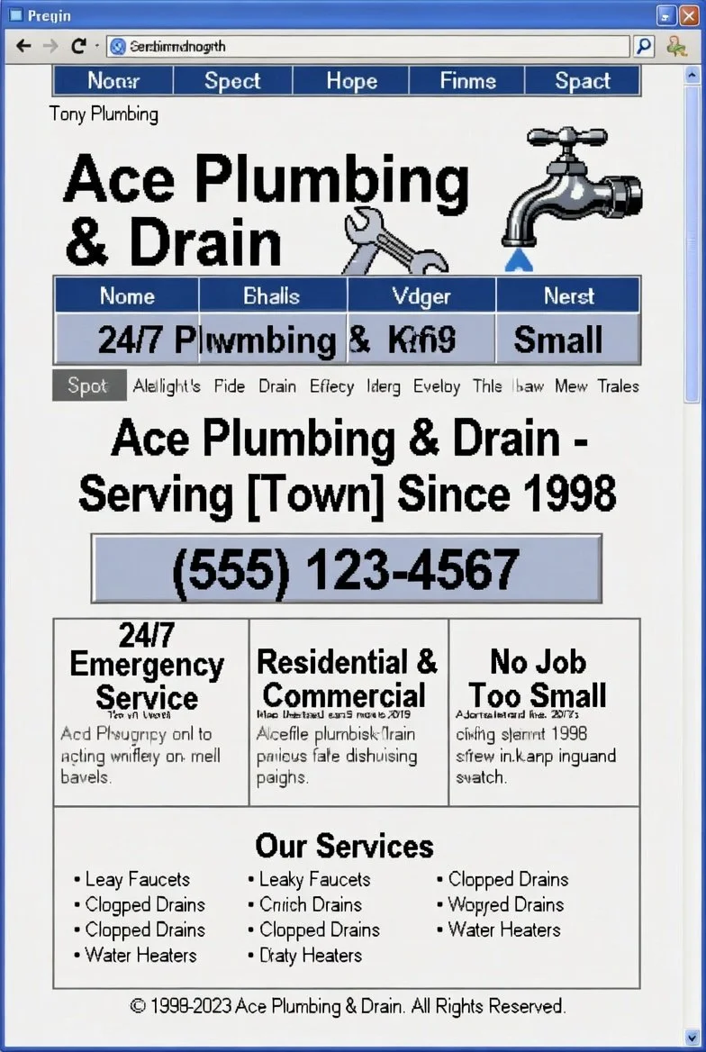 A website for Ace Plumbing & Drain showing contact info, services, and company history.