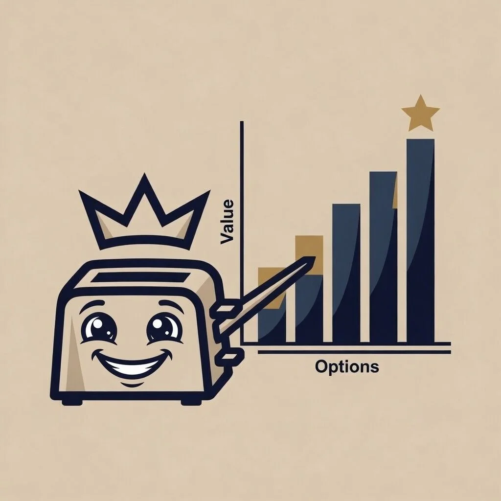 A cartoon toaster with a happy face, wearing a crown, pointing to a bar graph labeled 'Options' on the x-axis and 'Value' on the y-axis. The bars increase and end in a star symbol.