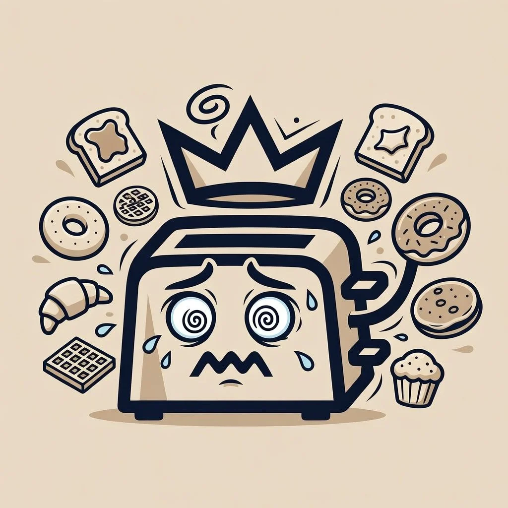 A cartoon illustration of a distressed toaster with swirly eyes and tears, wearing a crown, surrounded by breakfast items like toast, donuts, croissants, waffles, cupcakes, and cookies.