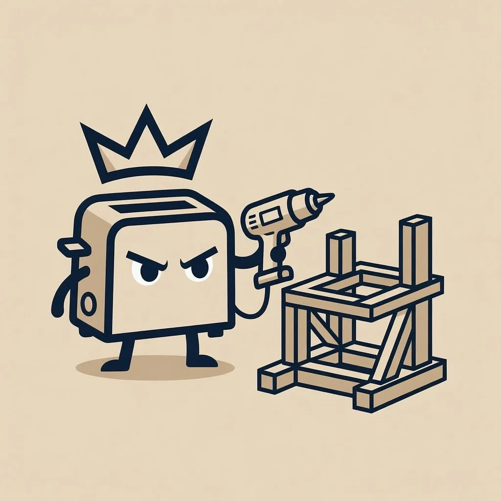 Cartoon character with a crown, holding a cordless drill, standing next to scaffolding.