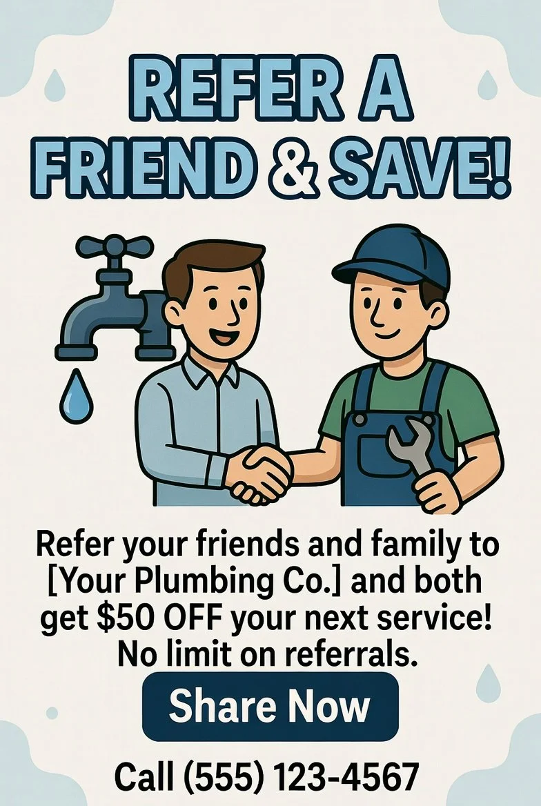 A promotional poster for a plumbing company's referral program, featuring a cartoon illustration of two men shaking hands, one dressed as a plumber with a wrench, and the other in business attire. The text encourages referring friends and family for discounts.