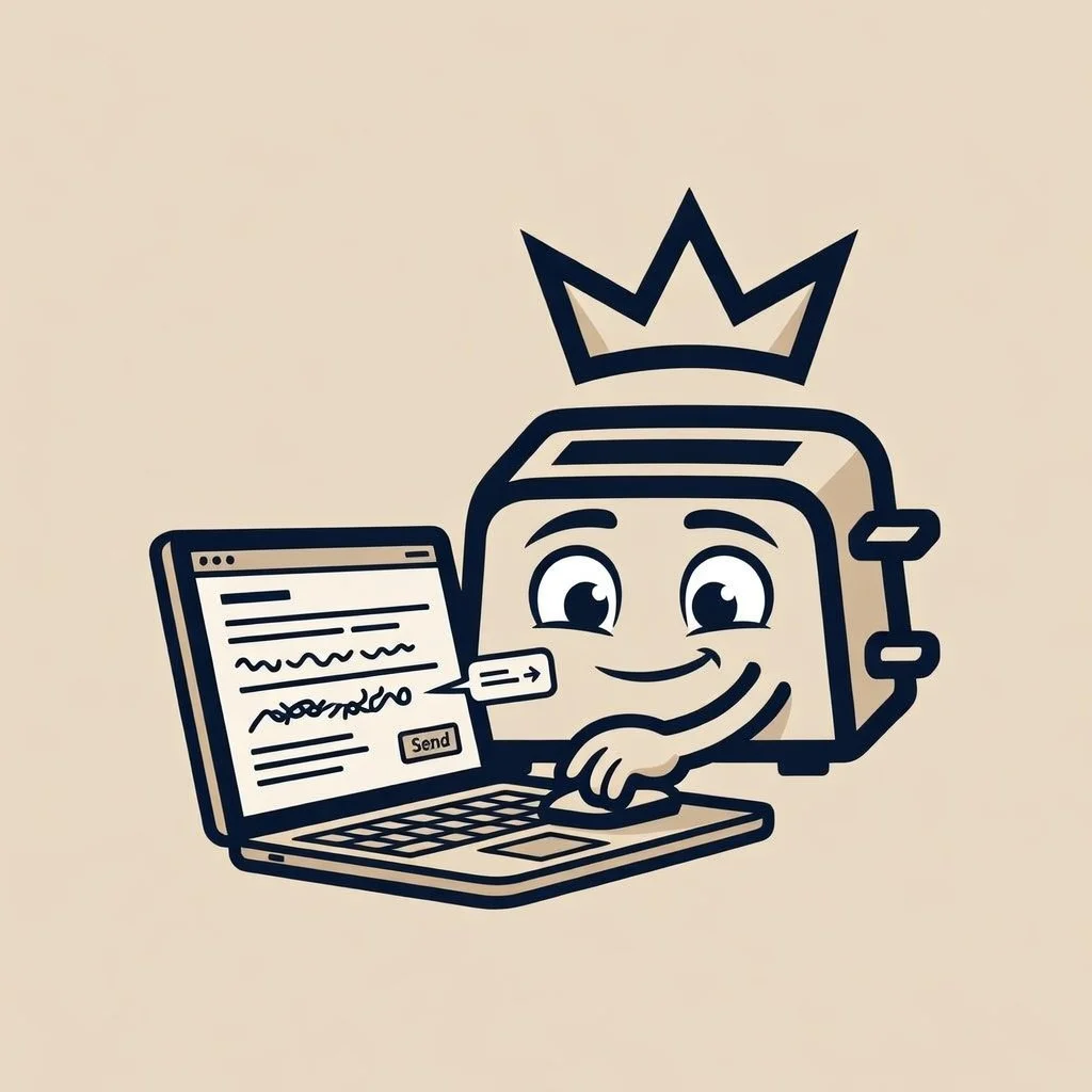 A cartoon character with a crown on its head, a smiling face, and a computer head, typing on a laptop.